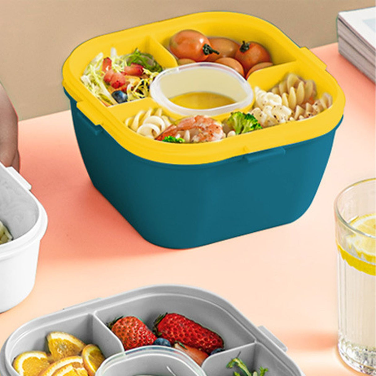 2 Layer Plastic Salad Lunch Box Microwave Safe Salad Lunch Container Portable Fruit Fat Reducing Light Food Picnic Box for Office Workers Blue, 1700ml