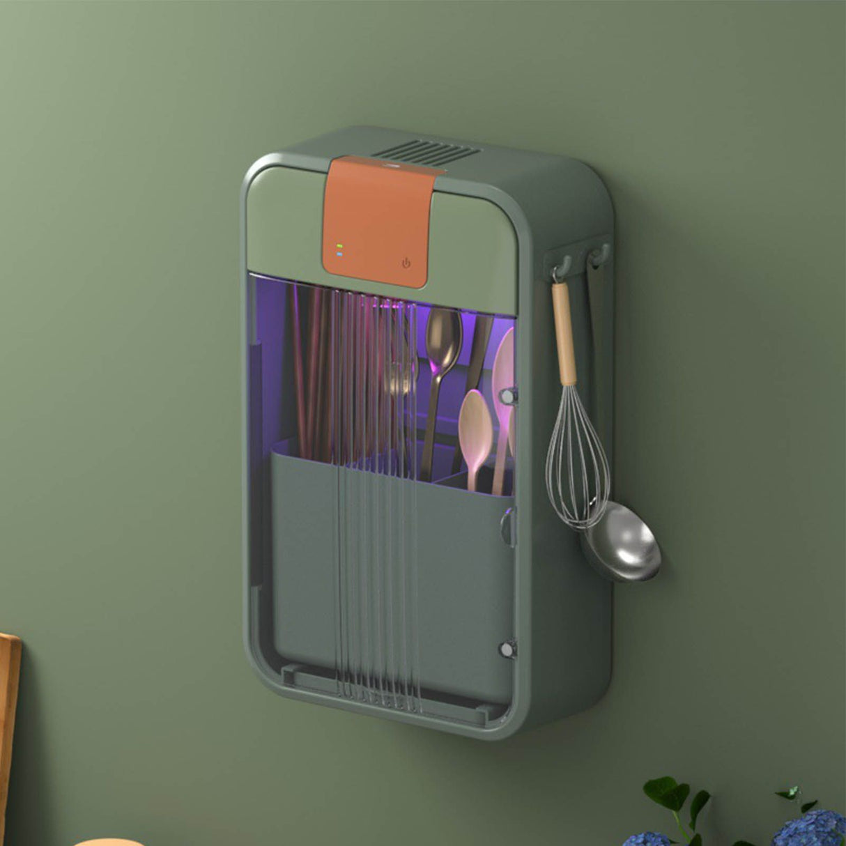 Wall Mounted UV Chopsticks Cage Multifunction Chopstick Draining Cleaning Holder Hot Air Drying Kitchen Cutlery Storage Box Green
