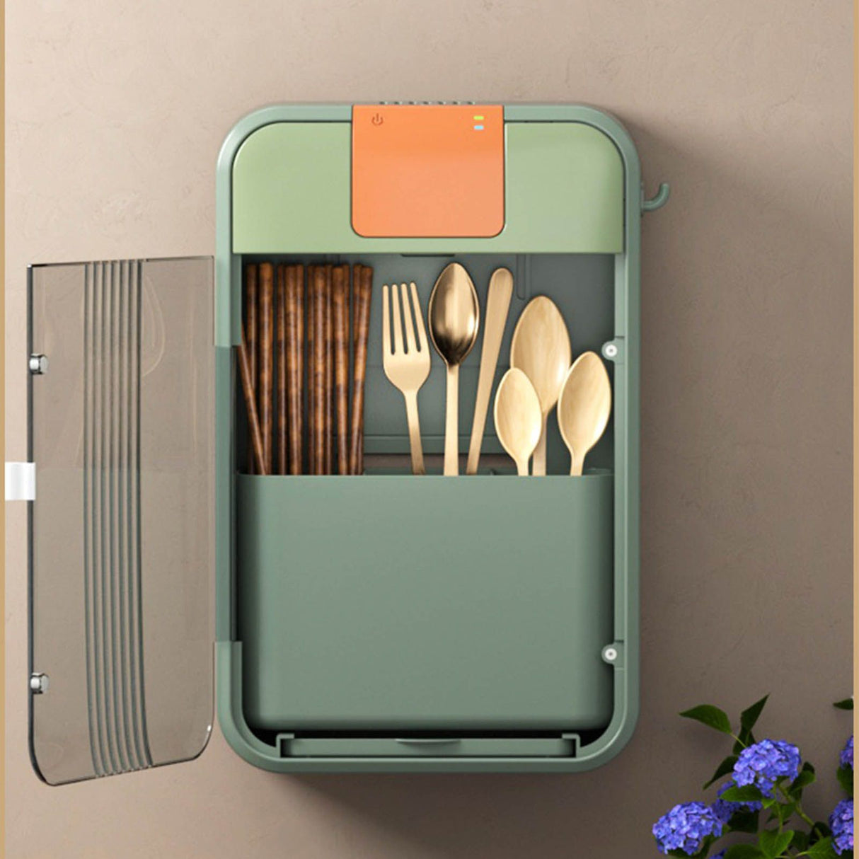 Wall Mounted UV Chopsticks Cage Multifunction Chopstick Draining Cleaning Holder Hot Air Drying Kitchen Cutlery Storage Box Green
