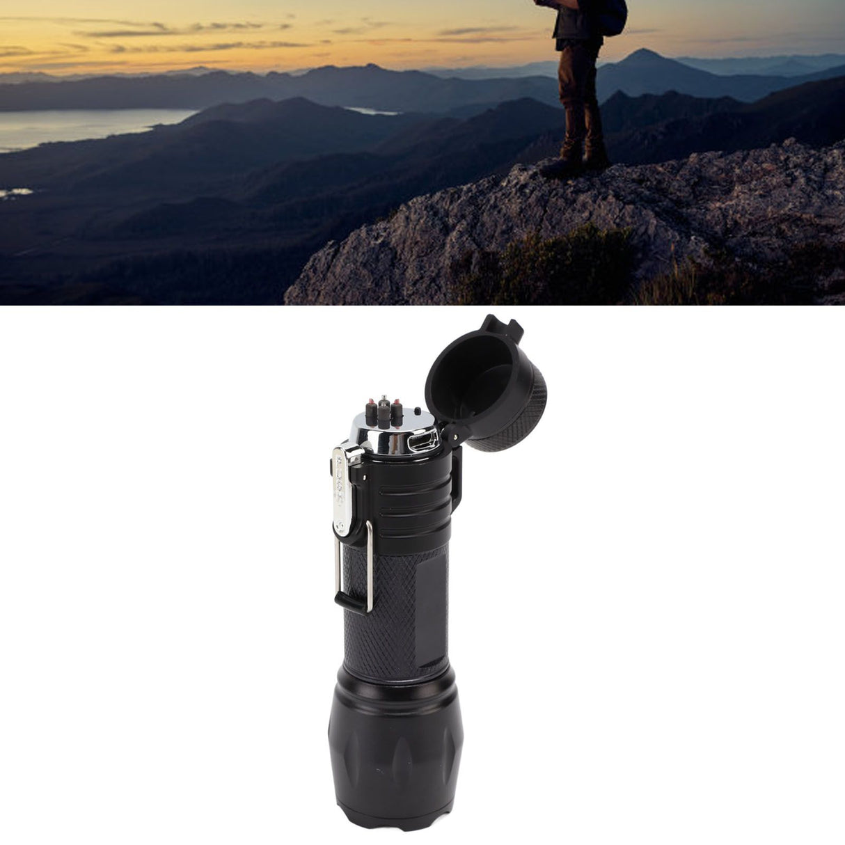 Electric Lighter Waterproof Windproof Aluminum Alloy Portable Lighter with Flashlight 3.7v Black