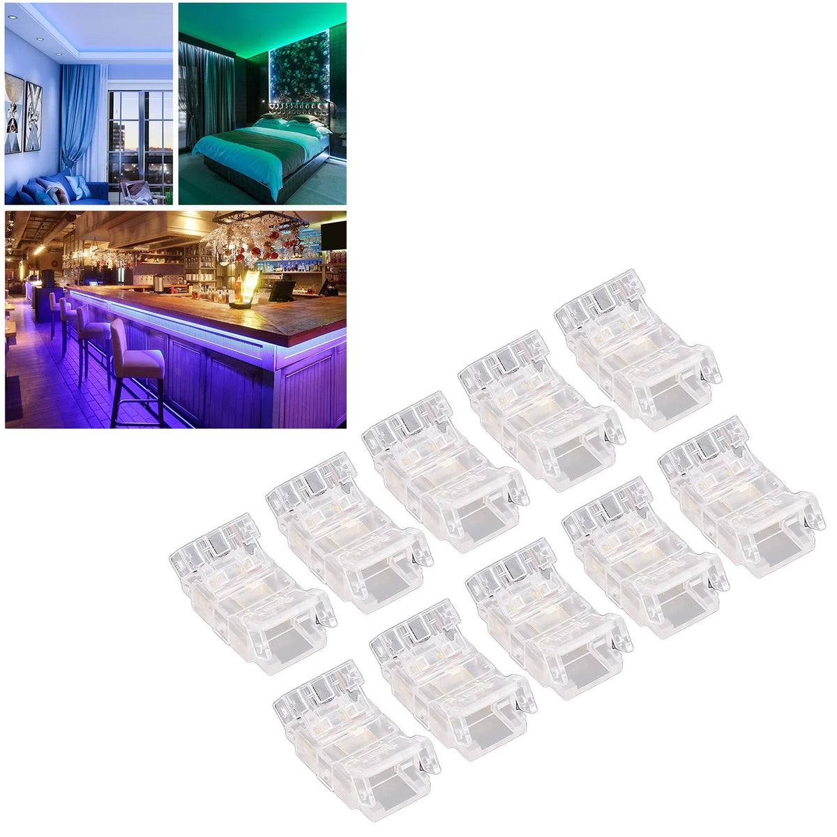 10Pcs COB LED Strip to Wire Connector 2Pin 8mm Transparent Solderless LED Strip Connector for Home Office School