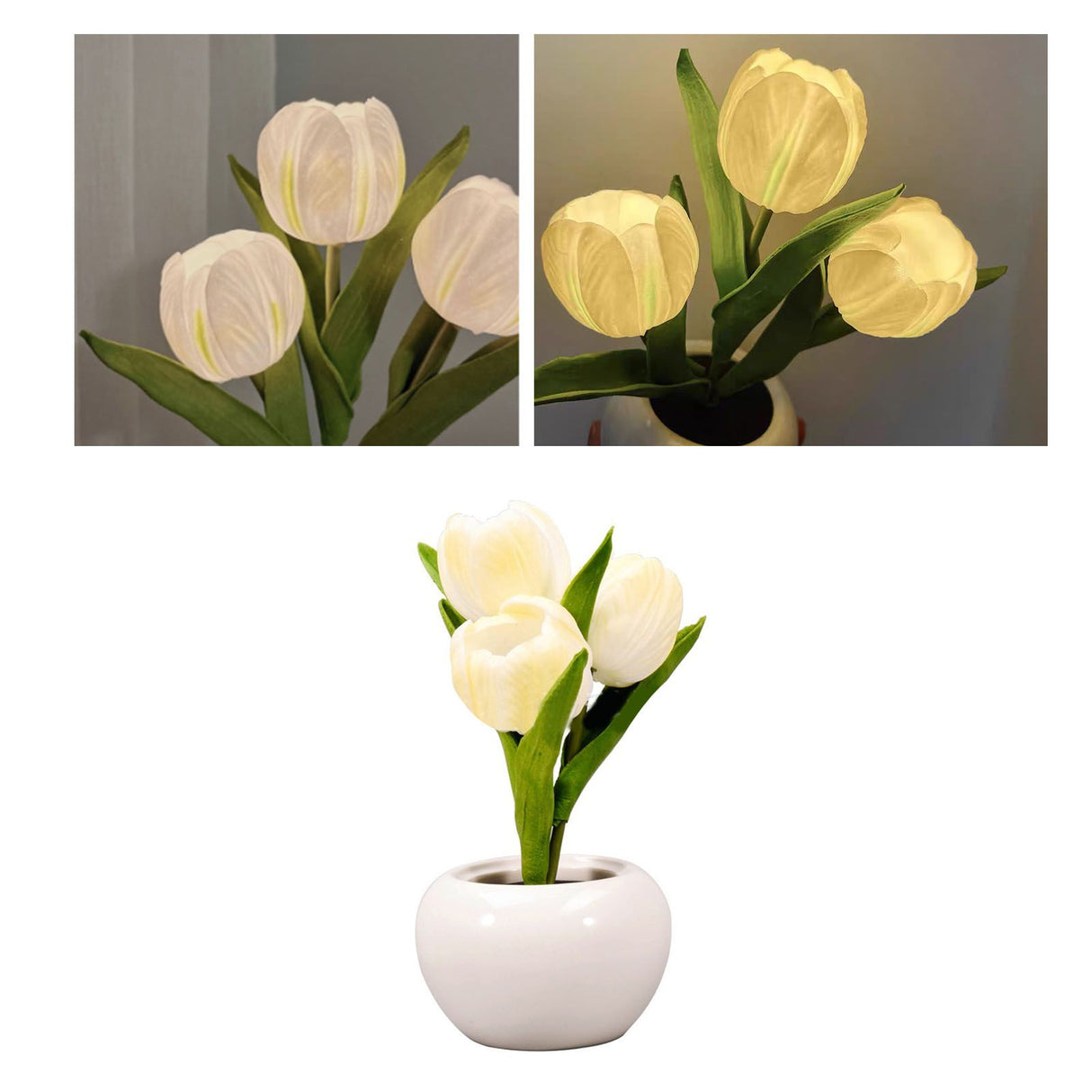 Tulip Night Light Soft Light Exquisite Ceramics PU Flower Table Lamp for Bookstores Cafes Battery Powered Ceramic Base White