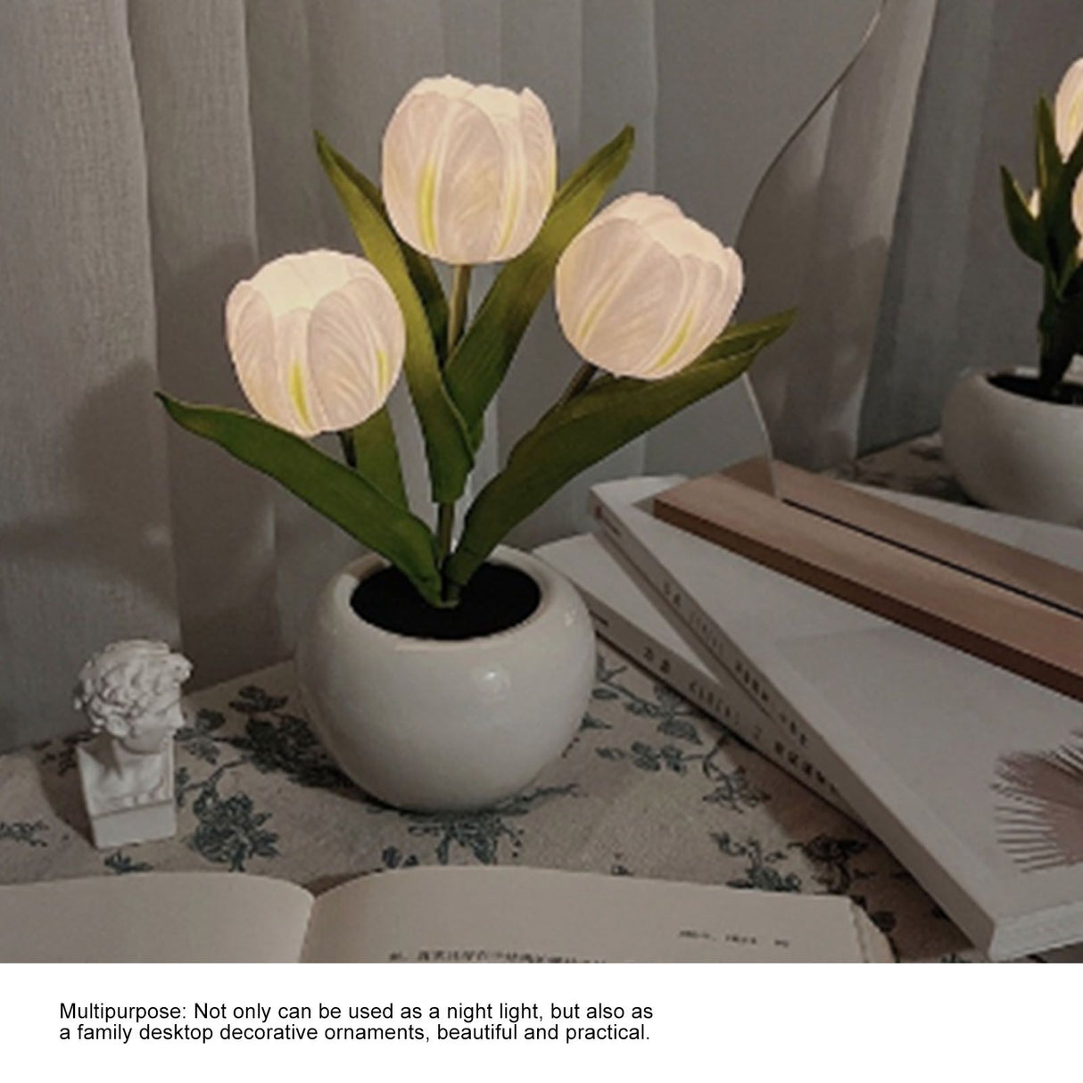 Tulip Night Light Soft Light Exquisite Ceramics PU Flower Table Lamp for Bookstores Cafes Battery Powered Ceramic Base White