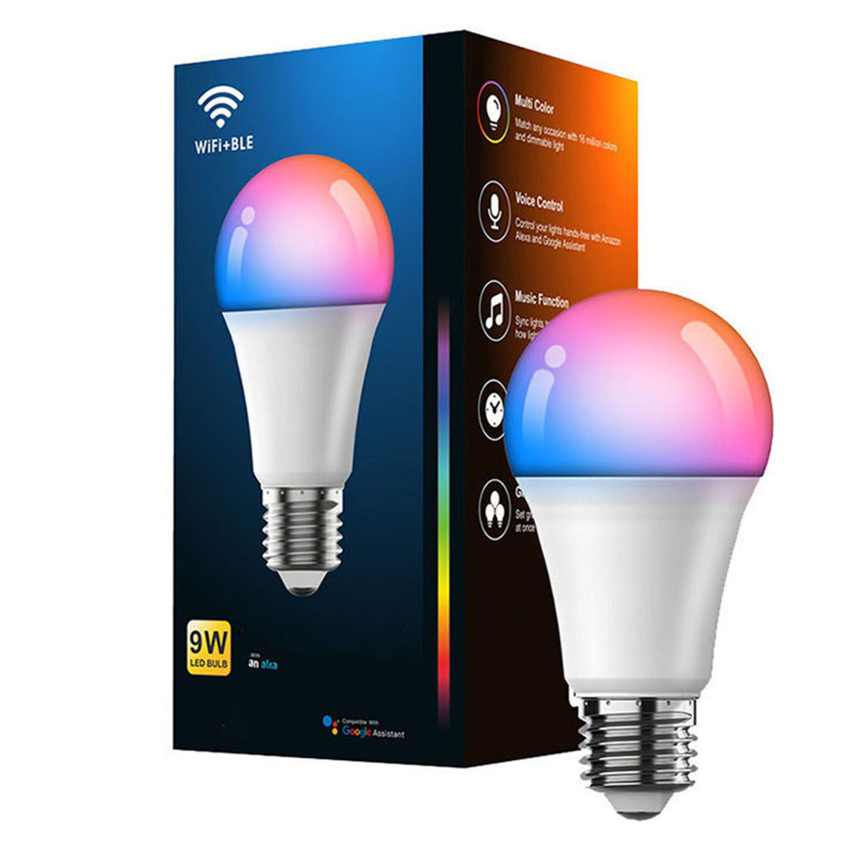 Smart WiFi LED Light Bulbs Voice Control LED Color Changing Light 2700K‑6500K Warm Light Dimmable E27 Bulb 9W 100‑130V