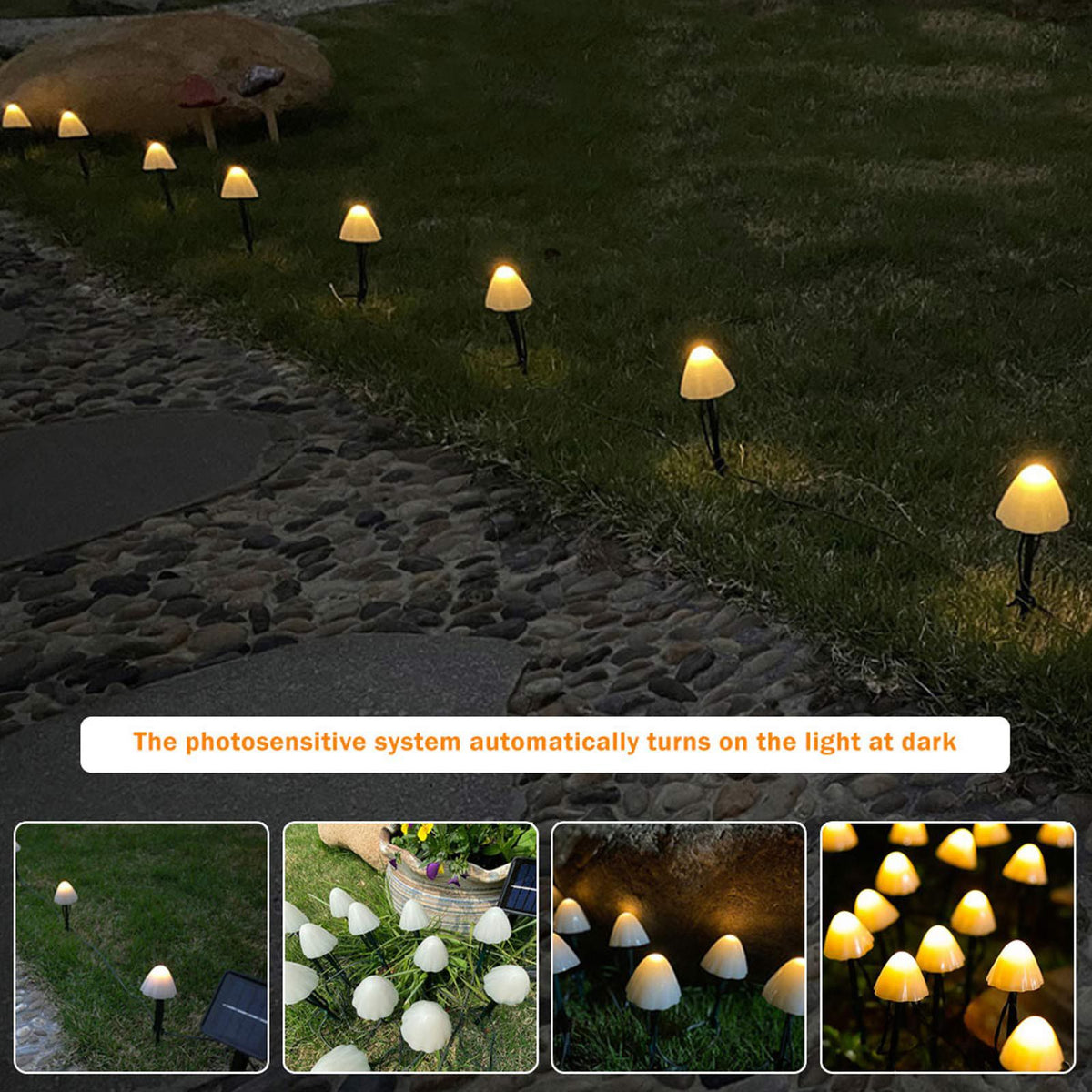 Mini Mushroom Solar Lights 8 Modes LED Waterproof String Pathway Outdoor Decoration for Garden Backyard Lawn Party 3.45meter 10 Beads Warm White