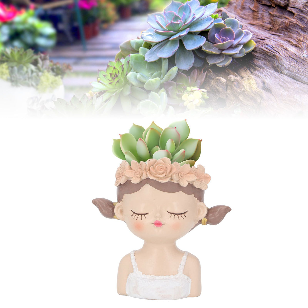 Girl Flower Pot Cute Shape Resin Face Planter Pot with Drainage Hole for Succulents Cactus Indoor Outdoor Decoration