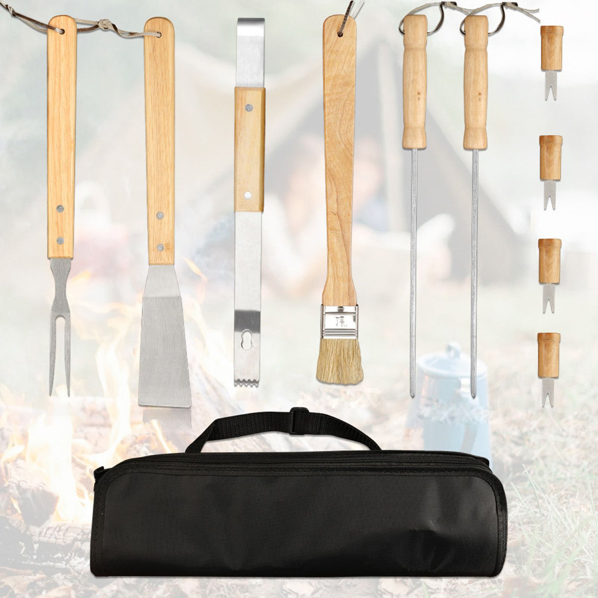 10PCS Grilling Tool Set Stainless Steel with Wood Handle Grill Utensils for Picnic Barbecue