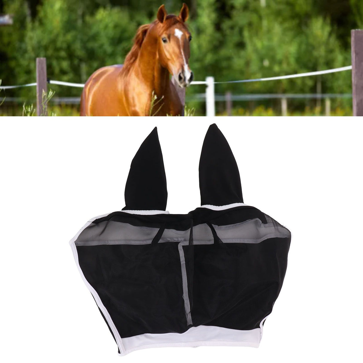 Horse Fly Mask All Round Mesh Breathable Fly Mask Elastic UV Protection Horse Face Mask with Ears Black L 45x54cm / 17.7x21.3in
