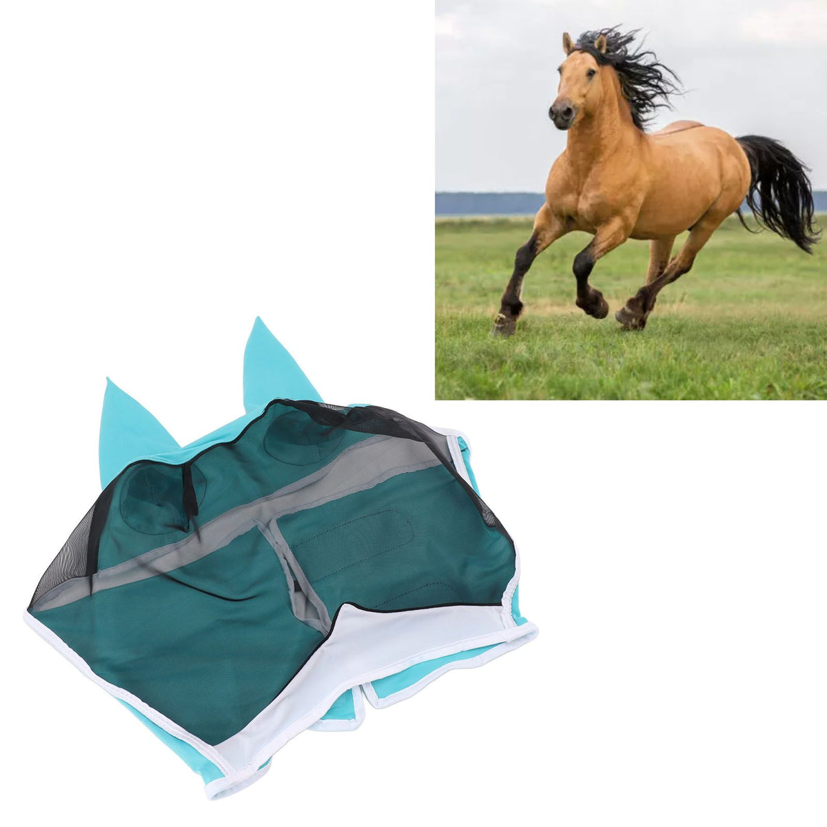 Horse Fly Mask All Round Mesh Breathable Fly Mask Elastic UV Protection Horse Face Mask with Ears Blue L 45x54cm / 17.7x21.3in