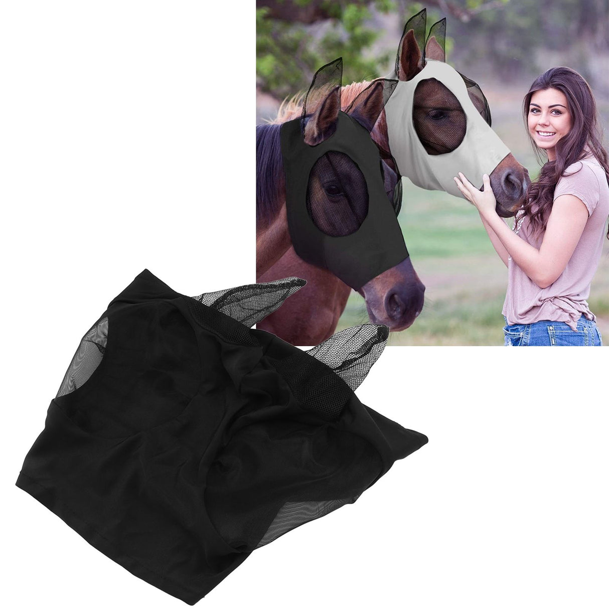 Horse Mesh Fly Mask Breathable Elastic Horse Face Mask with Ears Protection Riding Equestrian Equipment Black