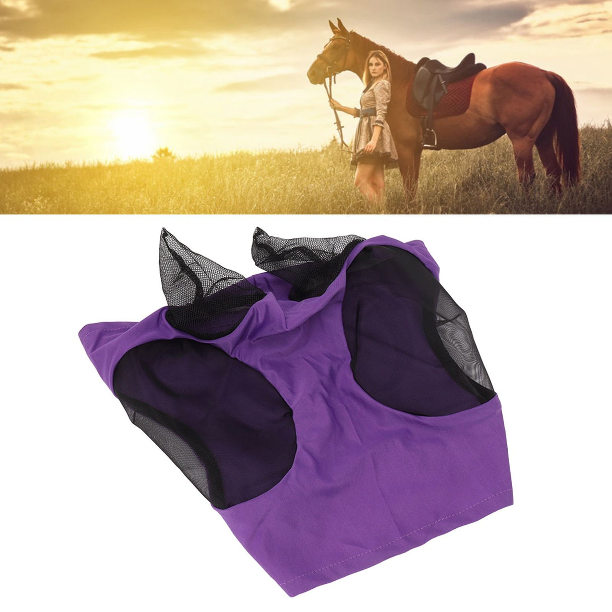 Horse Mesh Fly Mask Breathable Elastic Horse Face Mask with Ears Protection Riding Equestrian Equipment Purple