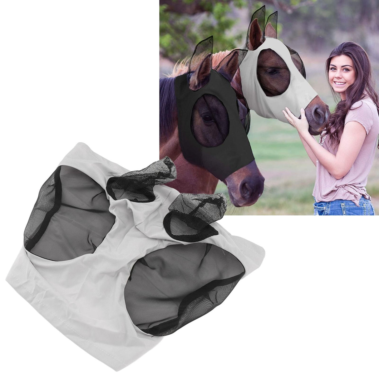 Horse Mesh Fly Mask Breathable Elastic Horse Face Mask with Ears Protection Riding Equestrian Equipment Gray