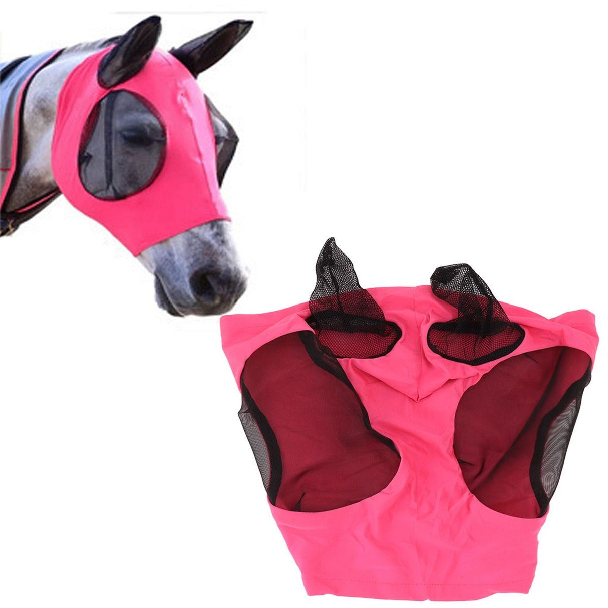 Horse Mesh Fly Mask Breathable Elastic Horse Face Mask with Ears Protection Riding Equestrian Equipment Rose Red