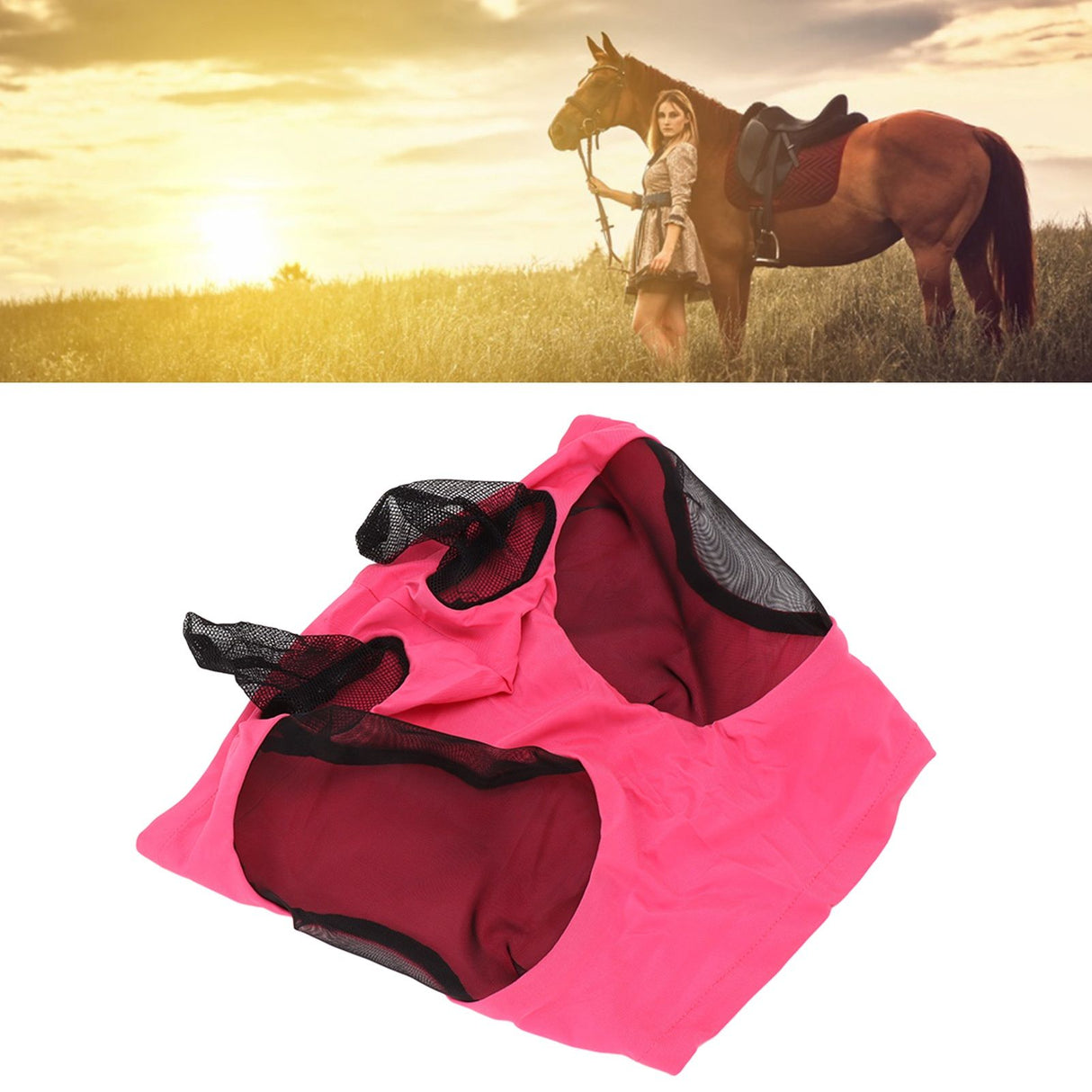 Horse Mesh Fly Mask Breathable Elastic Horse Face Mask with Ears Protection Riding Equestrian Equipment Rose Red