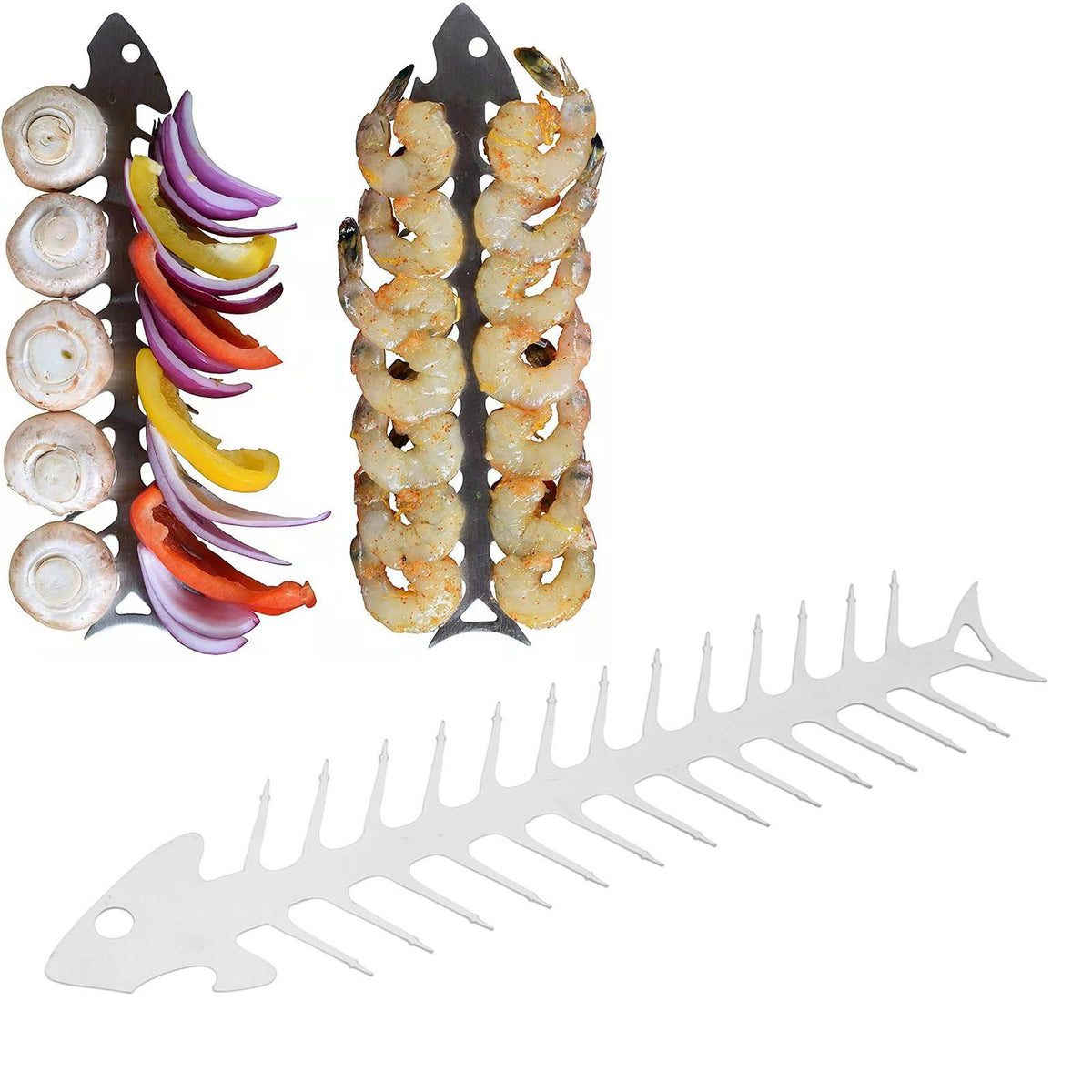Flat Double Pronged Skewers Stainless Steel Reusable BBQ Skewers for Meet Kitchen Camping Fish Shape