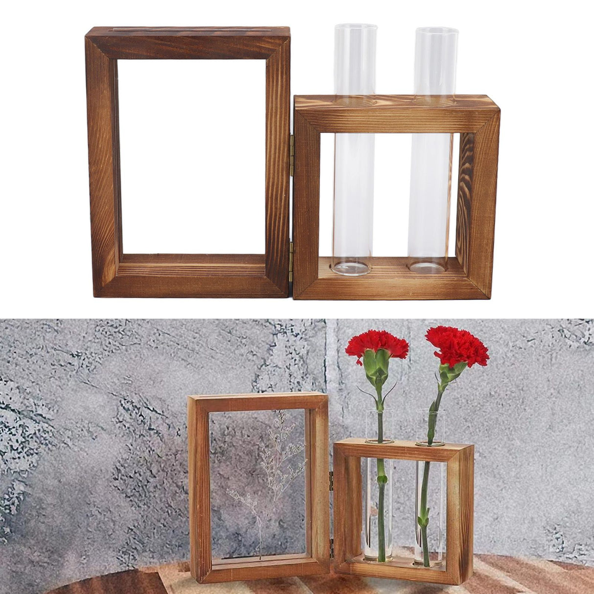 Plant Propagation Station Wooden Stand with 2 Glass Test Tubes Wooden Frame Glass Hydroponic Test Tube Vase Flower Pot Table Ornament for Water Planting Flower