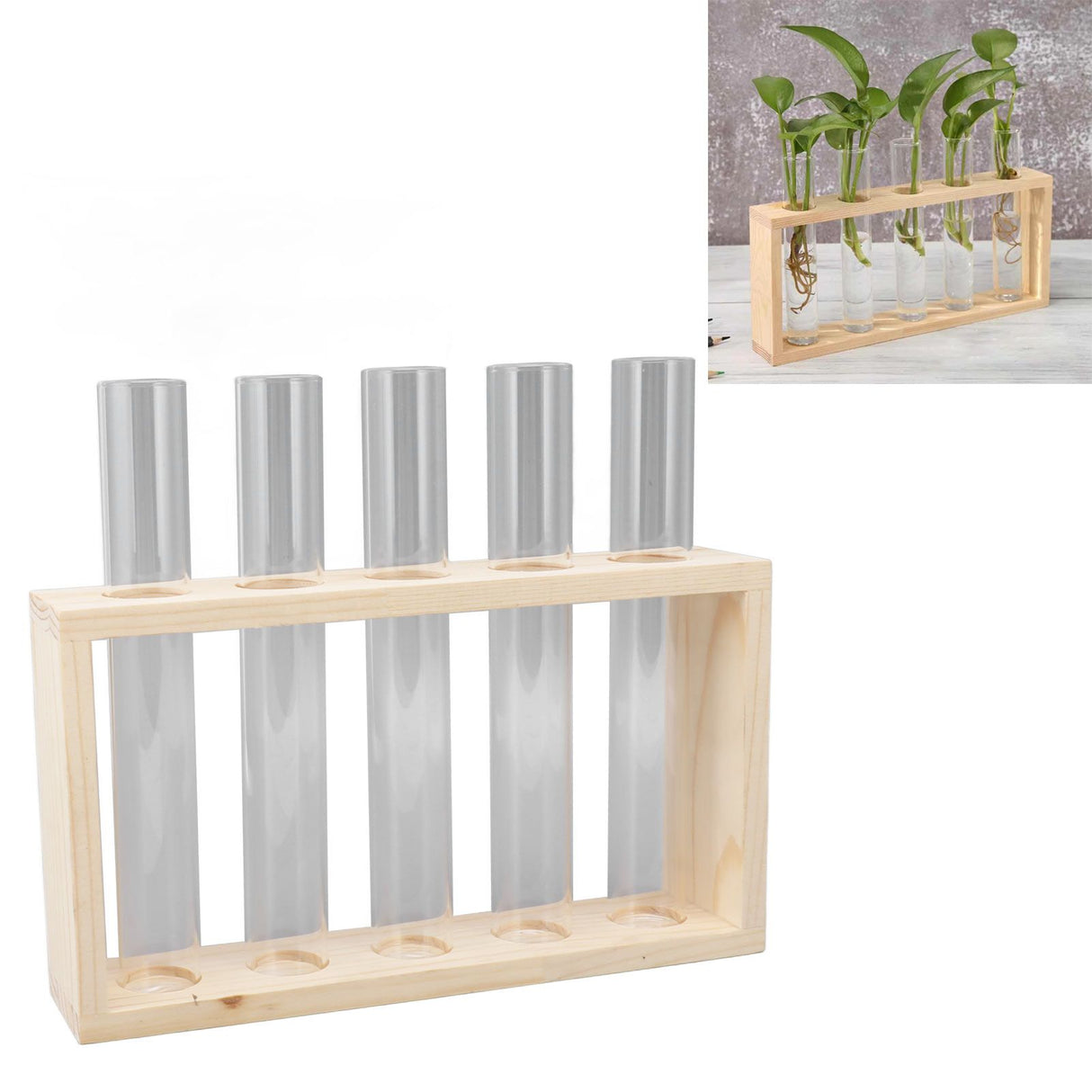 5 Test Tube Plant Terrarium Transparent Observe Growth Status Water Plant Holder with Wooden Stand for Herbs Log