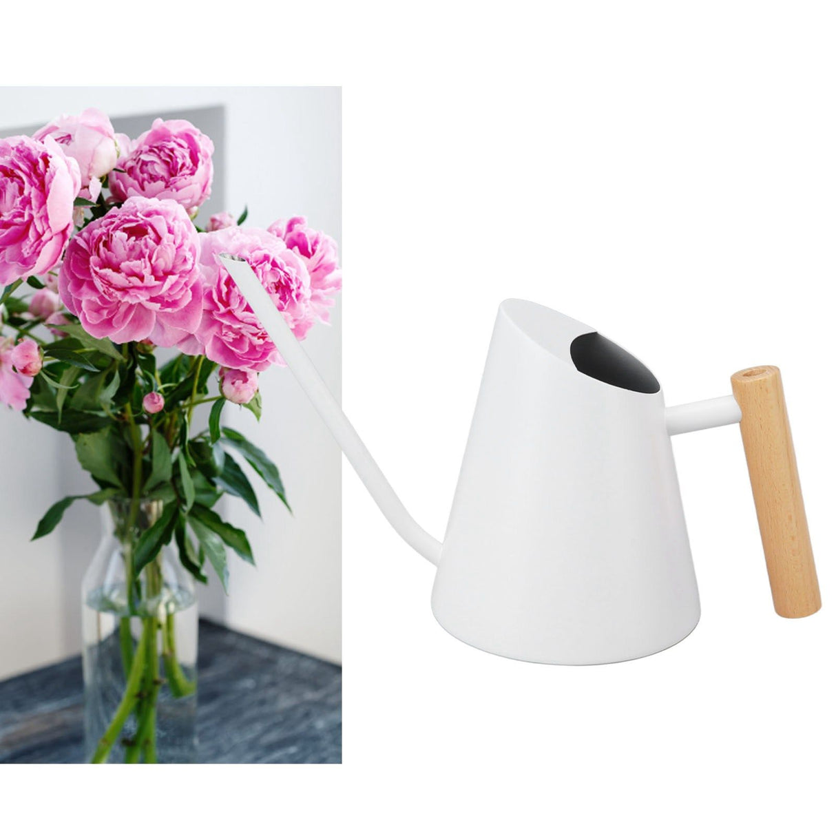 Watering Can with Long Spout Rustproof Stainless Steel Watering Pot with Wooden Handle for Garden Bonsai Indoor Outdoor White