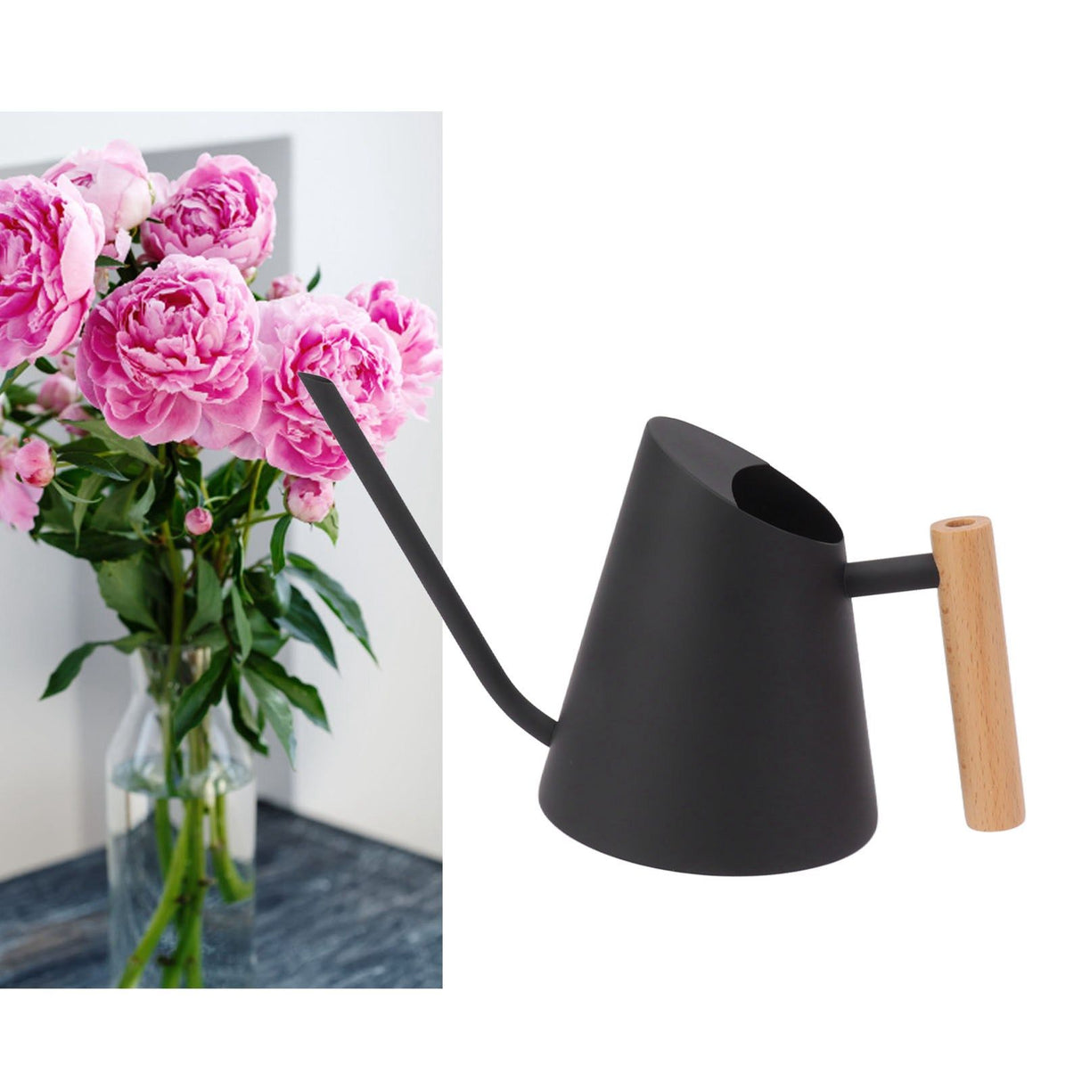 Watering Can with Long Spout Rustproof Stainless Steel Watering Pot with Wooden Handle for Garden Bonsai Indoor Outdoor Black