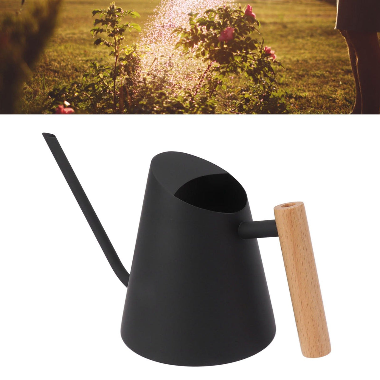 Watering Can with Long Spout Rustproof Stainless Steel Watering Pot with Wooden Handle for Garden Bonsai Indoor Outdoor Black