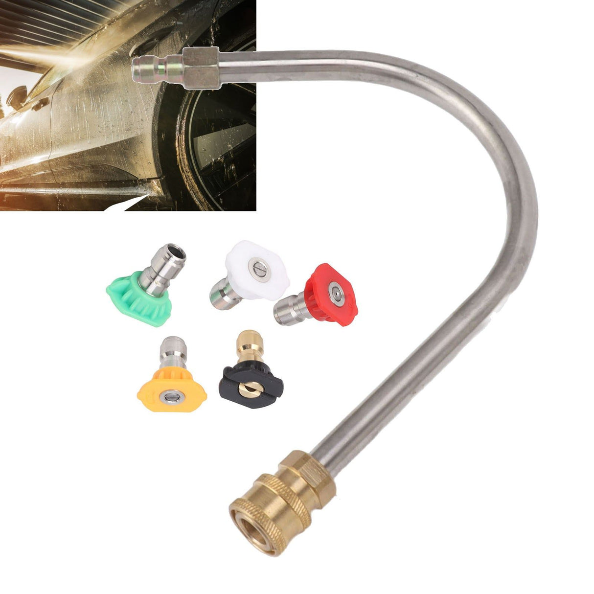 Pressure Washer Extension Wand Stainless Steel Brass 4000psi 1/4 Inch Quick Connect Power Washer Curved Rod Spray Lance for Replacement U Shaped with 5 Nozzles