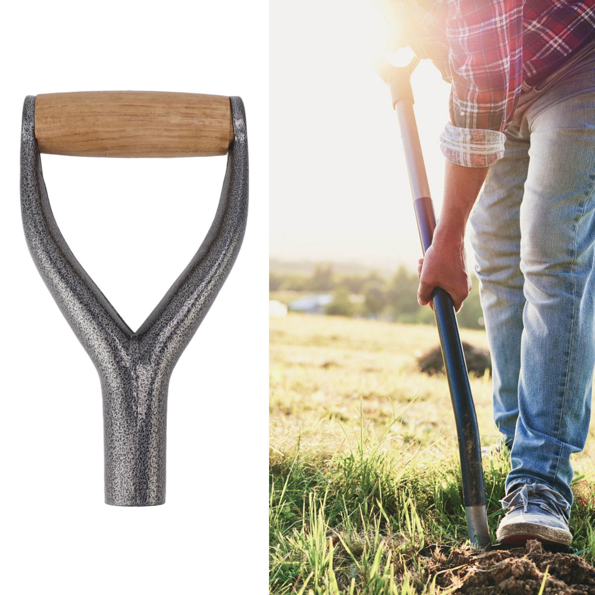 Shovel Handle Y Shaped 12.22in Inside Diameter Replacement Spade Handle with Wooden Grip for Garden Digging Raking Tool Silver