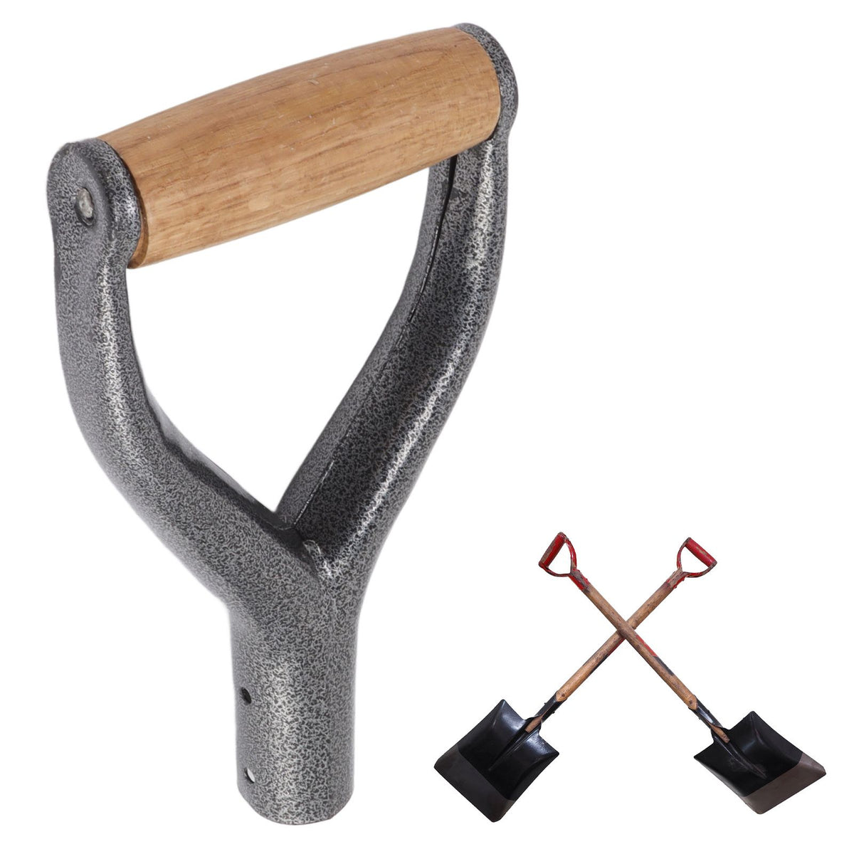 Shovel Handle Y Shaped 12.22in Inside Diameter Replacement Spade Handle with Wooden Grip for Garden Digging Raking Tool Silver