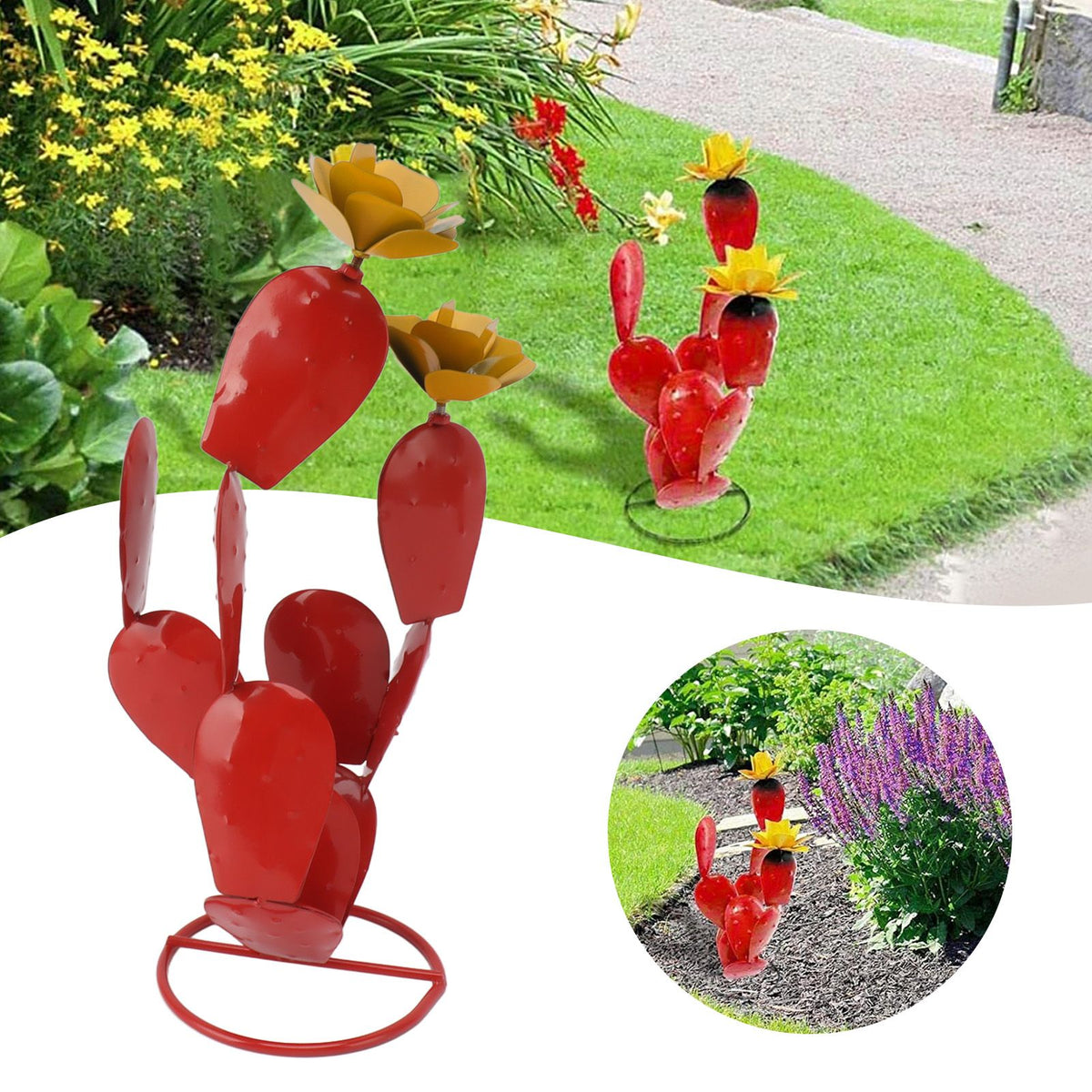 Metal Prickly Pear Cactus with Flowers Iron Rustic Cactus Statue Desert Decor Sculpture for Garden Yard Lawn Patio Red