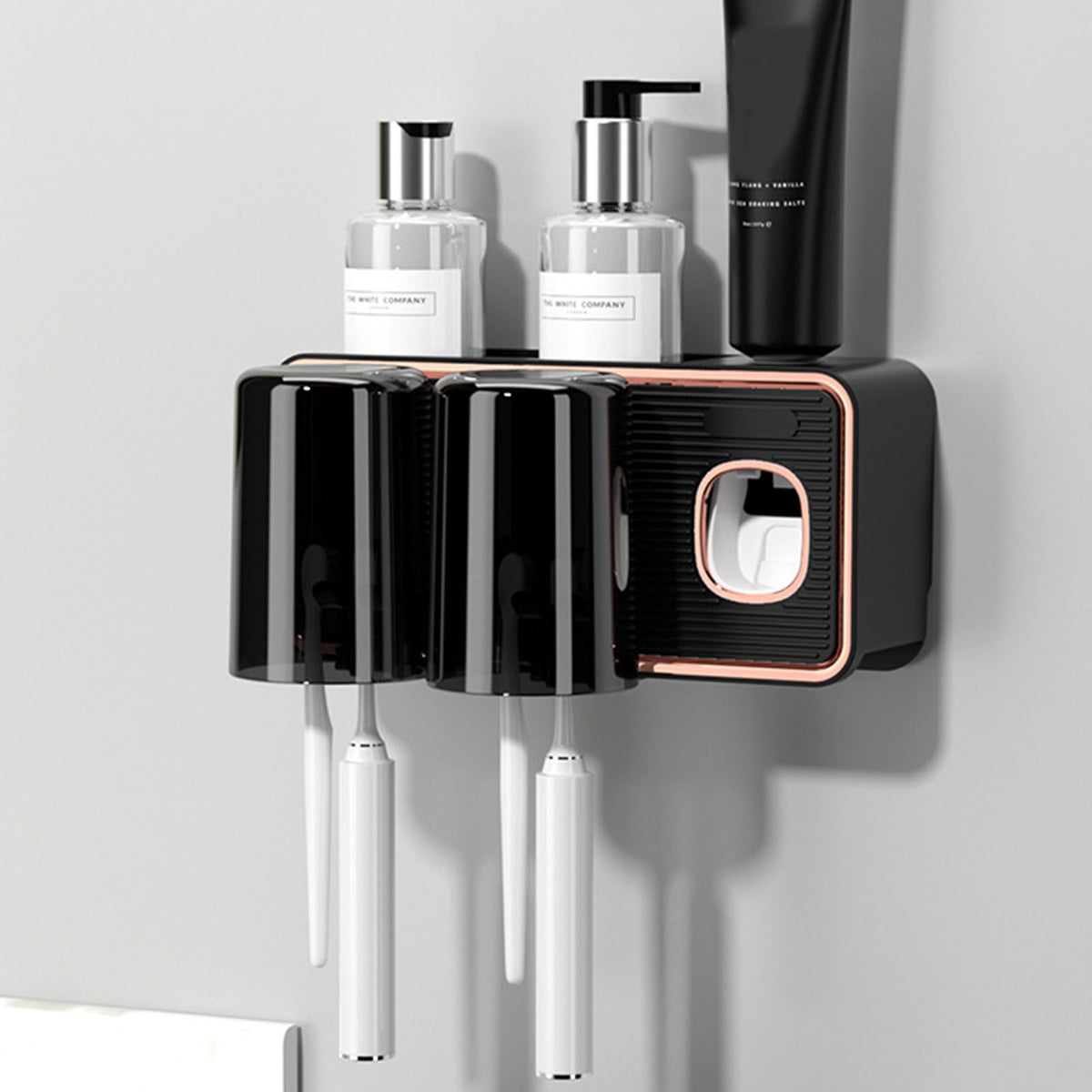 Toothbrush Shelf Drilling Free Toothbrush Holder Rack with Automatic Toothpaste Dispenser Black