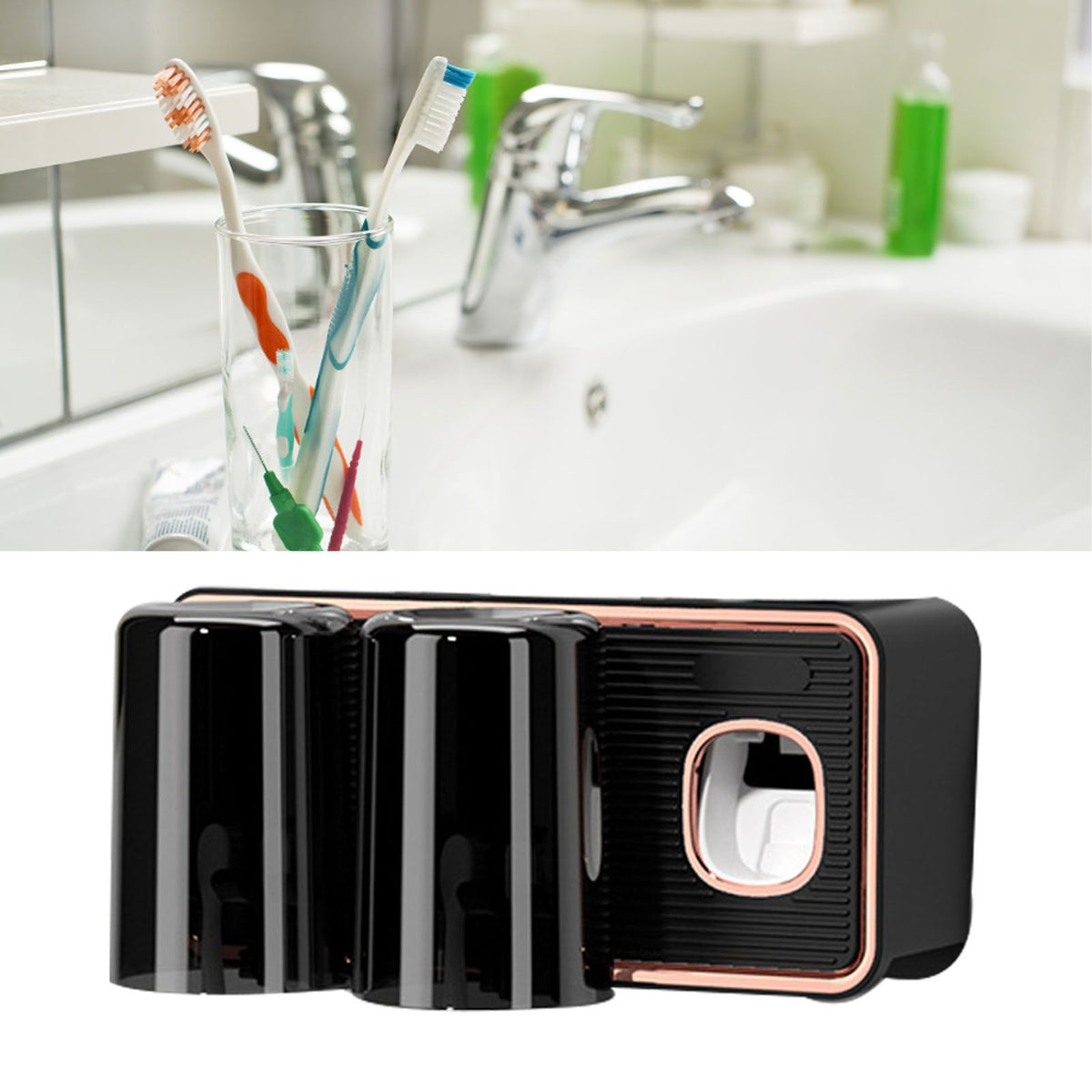 Toothbrush Shelf Drilling Free Toothbrush Holder Rack with Automatic Toothpaste Dispenser Black