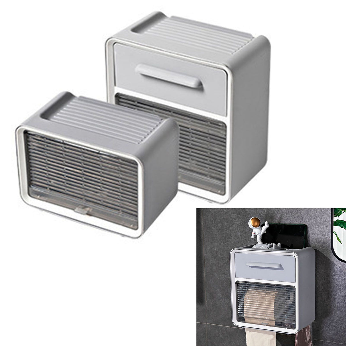 Toilet Paper Holder Wall Mount Waterproof Storage Box PP with Drawer for Bathroom Grey