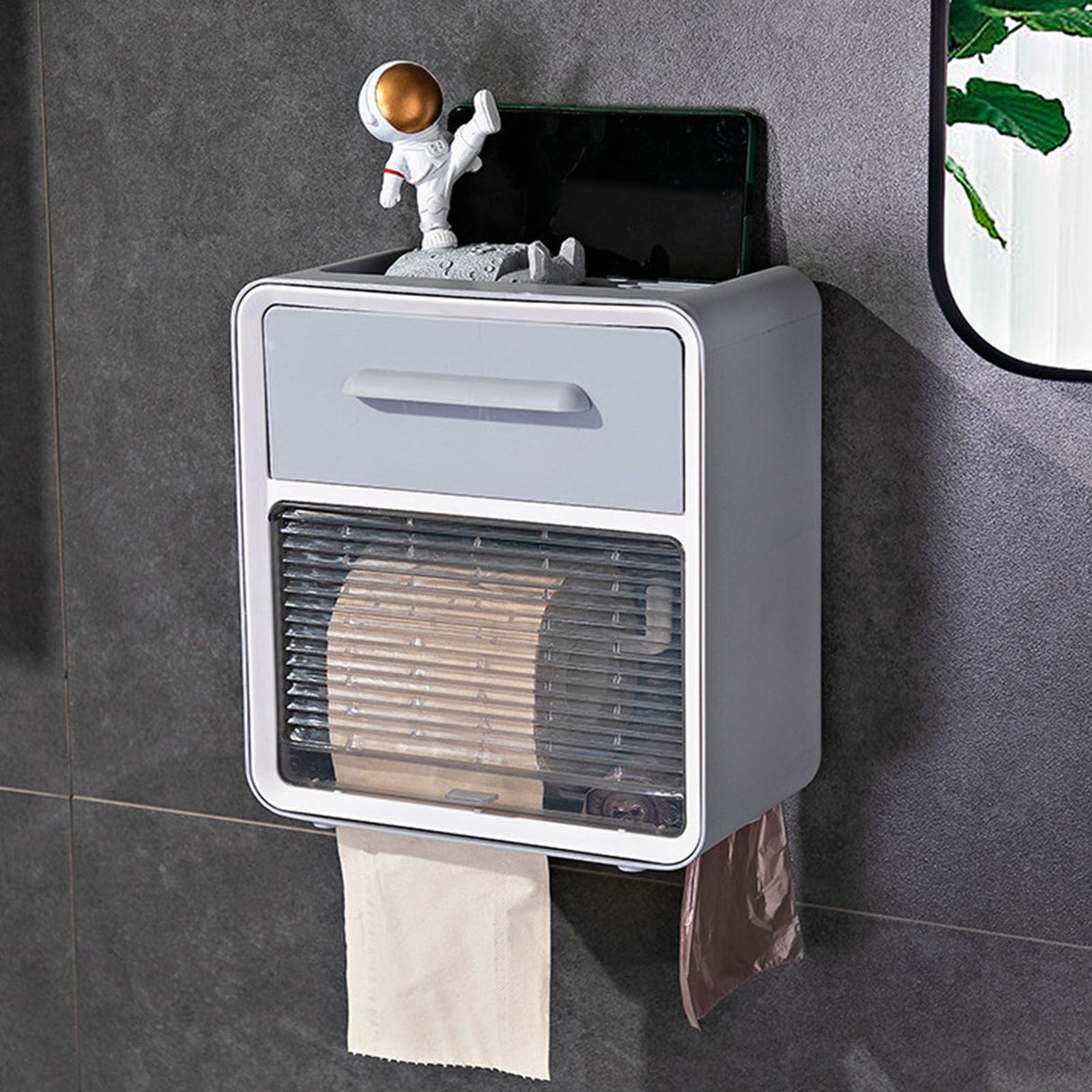 Toilet Paper Holder Wall Mount Waterproof Storage Box PP with Drawer for Bathroom Grey