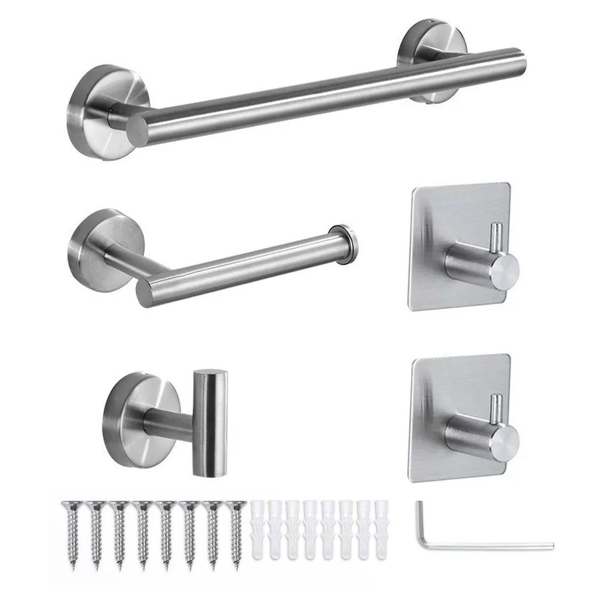 5 Pieces Bathroom Hardware Accessories Set Towel Rack Paper Holder Hook Adhesive Hook Multifunction Bathroom Set Silver