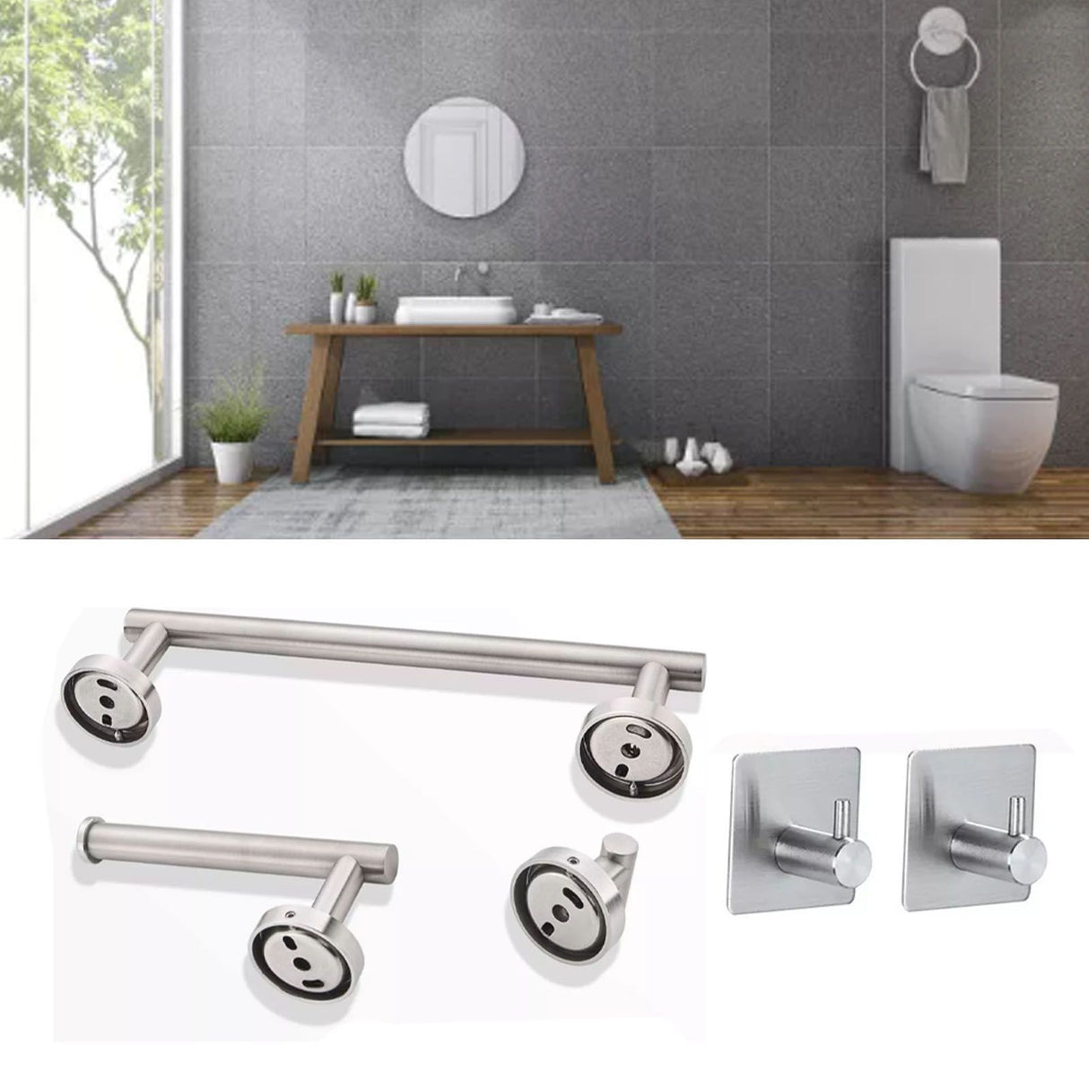 5 Pieces Bathroom Hardware Accessories Set Towel Rack Paper Holder Hook Adhesive Hook Multifunction Bathroom Set Silver