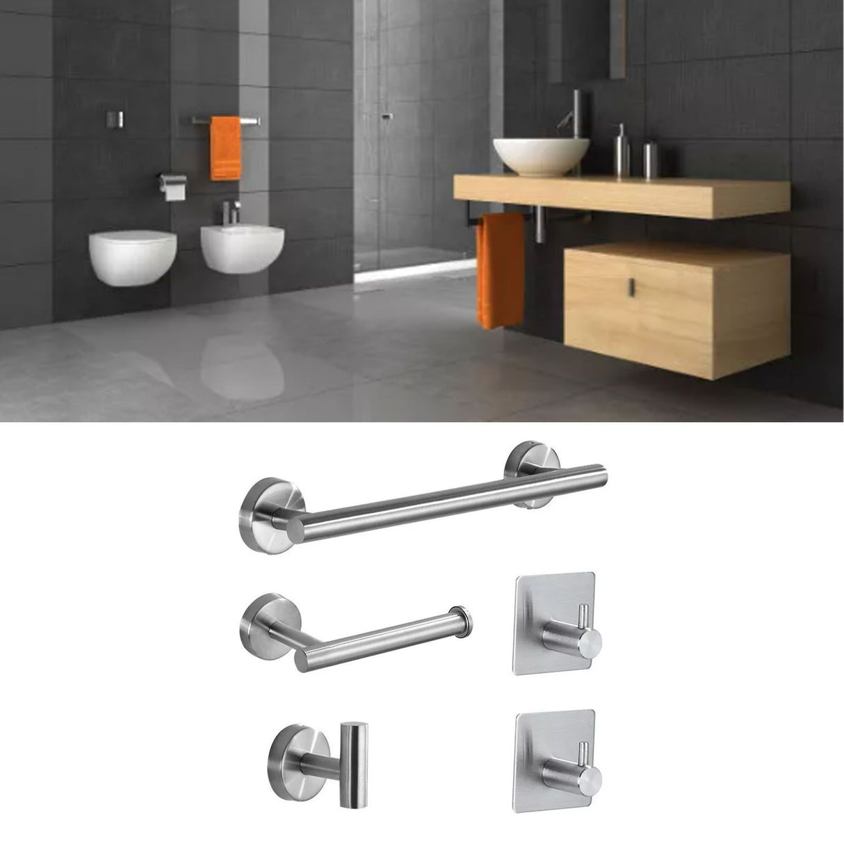 5 Pieces Bathroom Hardware Accessories Set Towel Rack Paper Holder Hook Adhesive Hook Multifunction Bathroom Set Silver