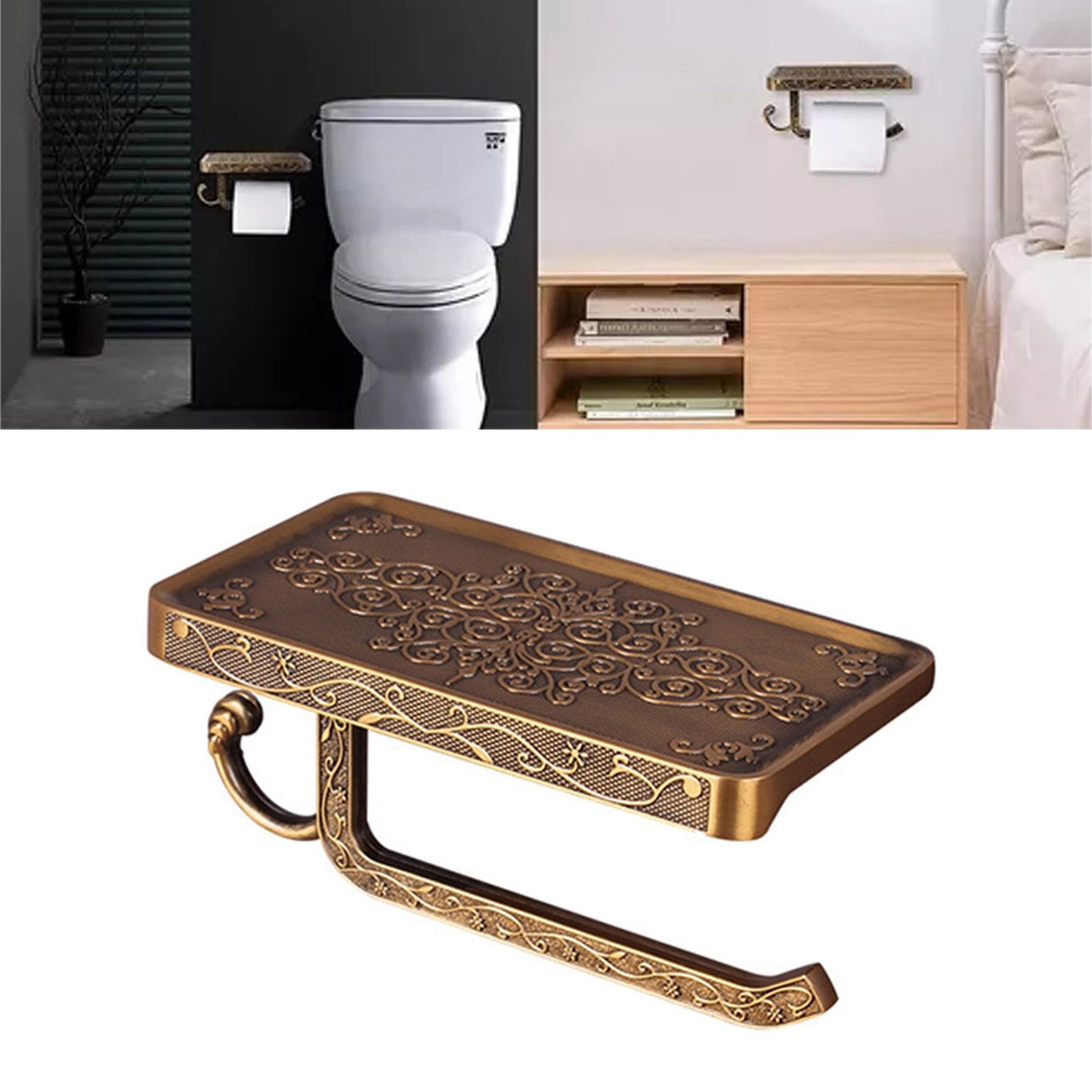 Black Paper Roll Rack with Phone Storage Shelf Aluminum Vintage Toilet Paper Towel Holder for Bathroom Gold