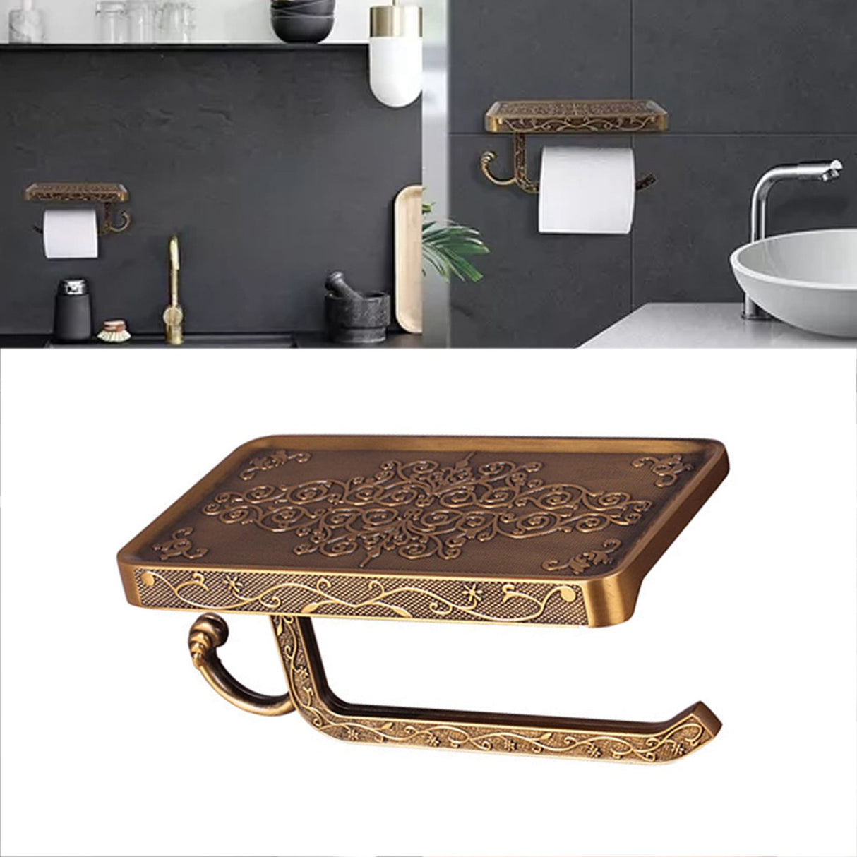 Black Paper Roll Rack with Phone Storage Shelf Aluminum Vintage Toilet Paper Towel Holder for Bathroom Gold