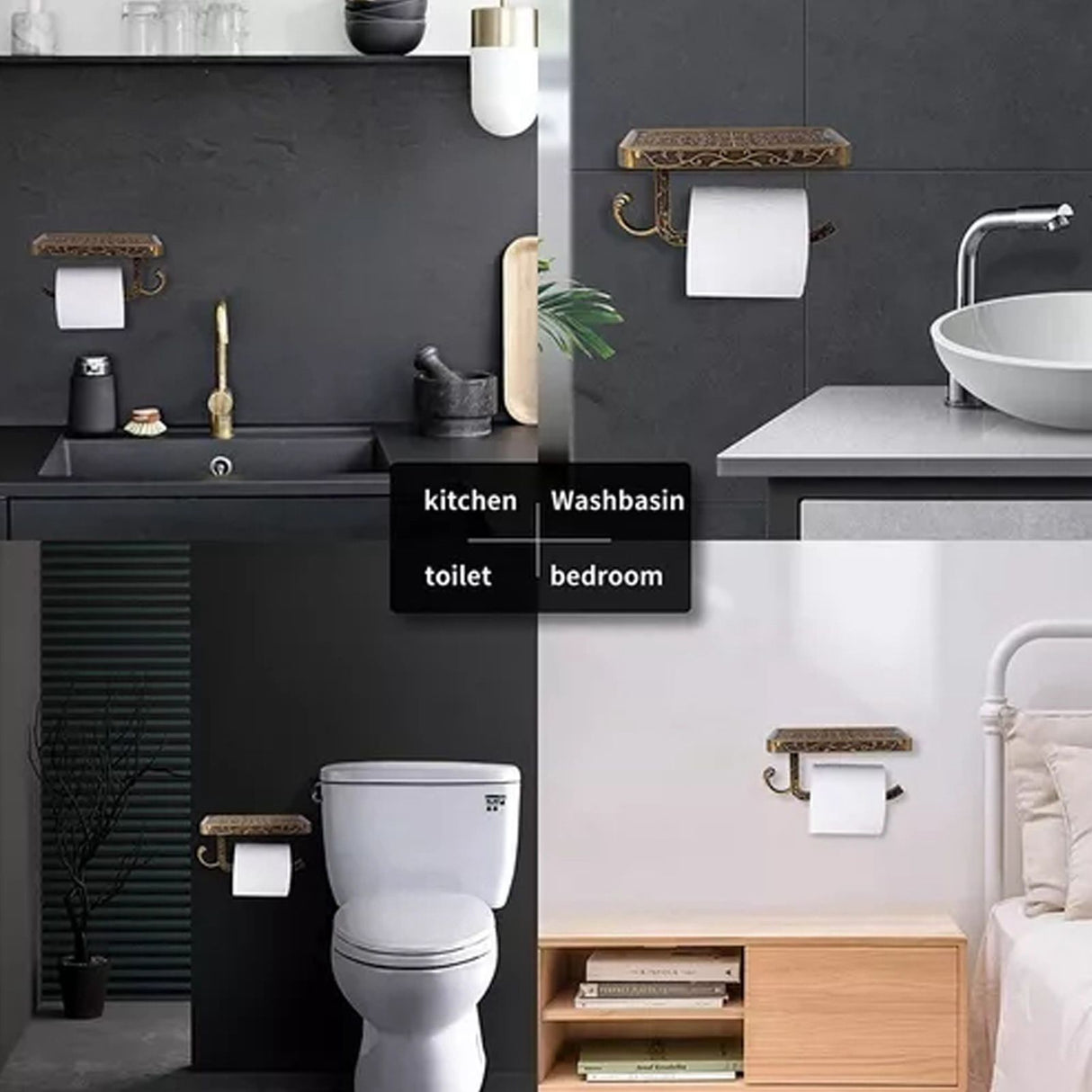 Black Paper Roll Rack with Phone Storage Shelf Aluminum Vintage Toilet Paper Towel Holder for Bathroom Gold