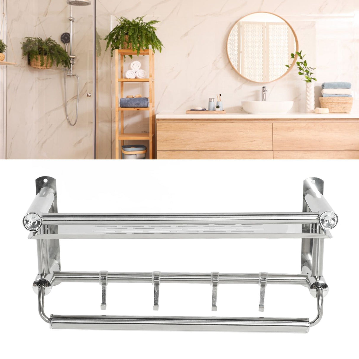 15.7in Bathroom Shelf Wall Mounted 201 Stainless Steel Waterproof Corrosion Prevention Towel Rack with Hooks for Shower