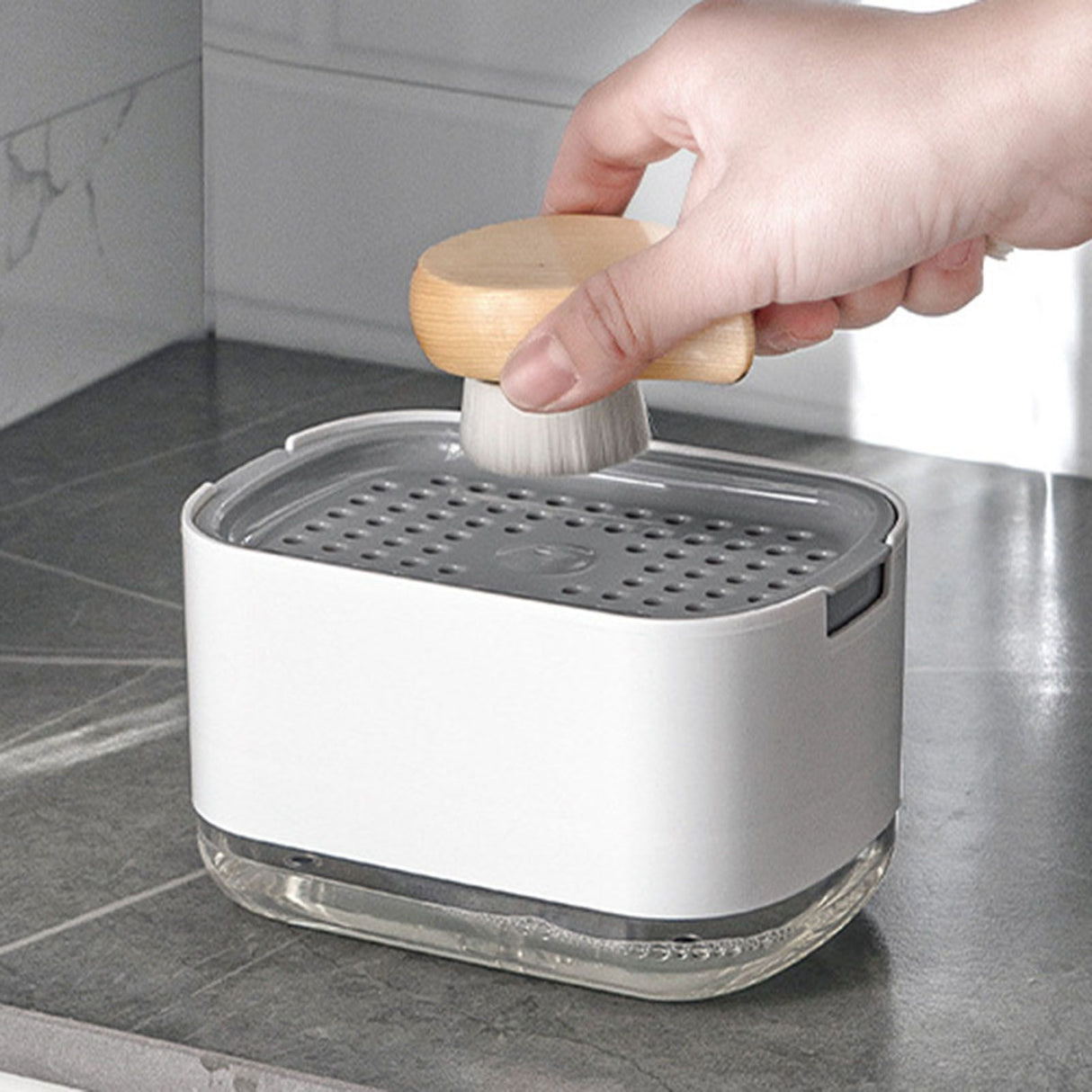 Soap Dispenser with Sponge Holder PP PET Press Type Soap Box for Cloth Dish Kitchen Cleaning White