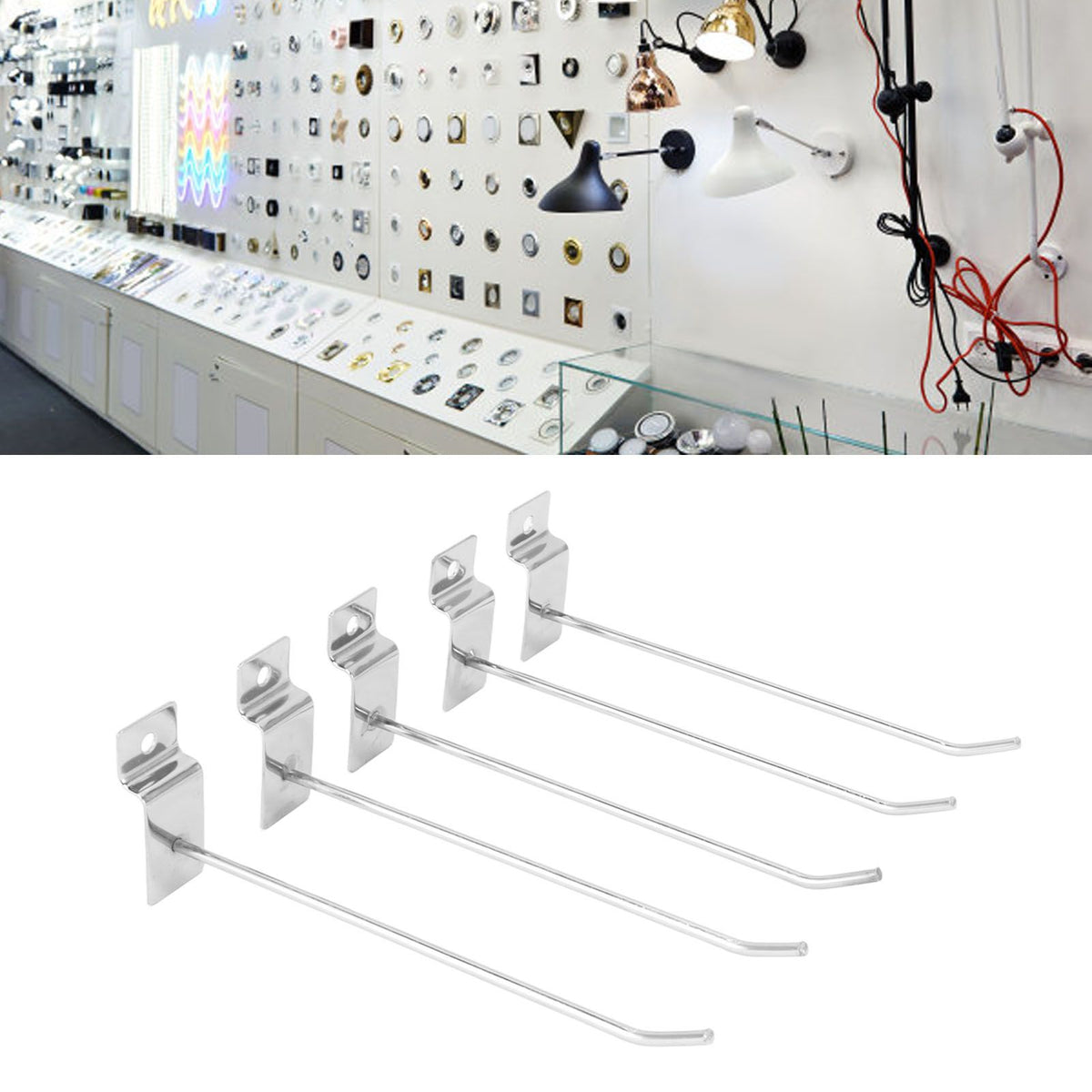 50pcs Slatwall Hooks Slot Plate Hook Slotted Plate Single Wire Hooks for Retail Display 15cm 3.3mm Diameter Silver