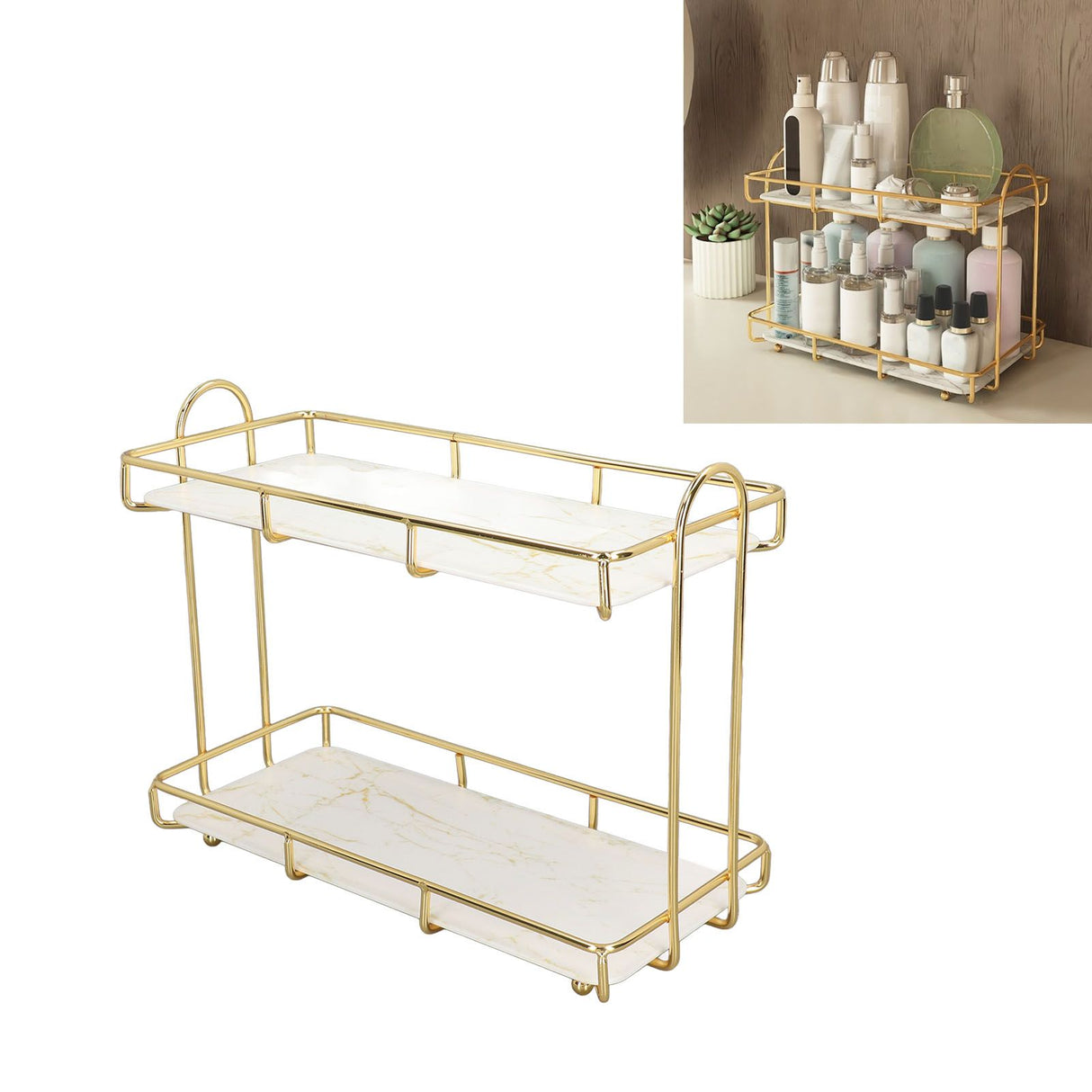 2 Tier Bathroom Shelf Countertop Standing Shelf with Partition Cosmetic Storage Rack Holder Gold Small 31x23cm