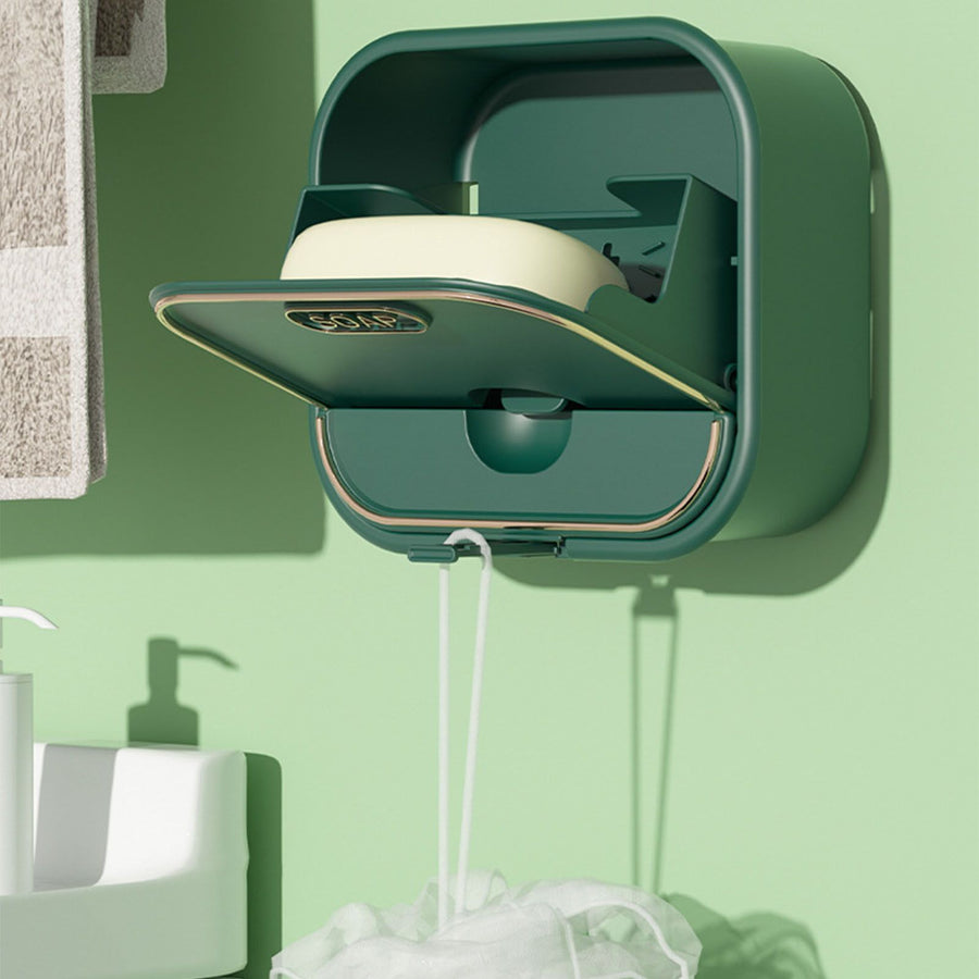 Home Soap Box Non Perforated Wall Mounted Draining Soap Box Flip Cover Bathroom Soap Box Dark Green