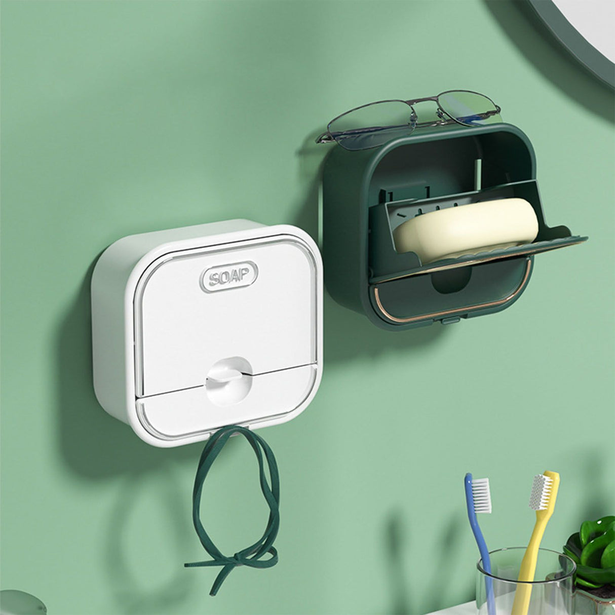 Home Soap Box Non Perforated Wall Mounted Draining Soap Box Flip Cover Bathroom Soap Box White