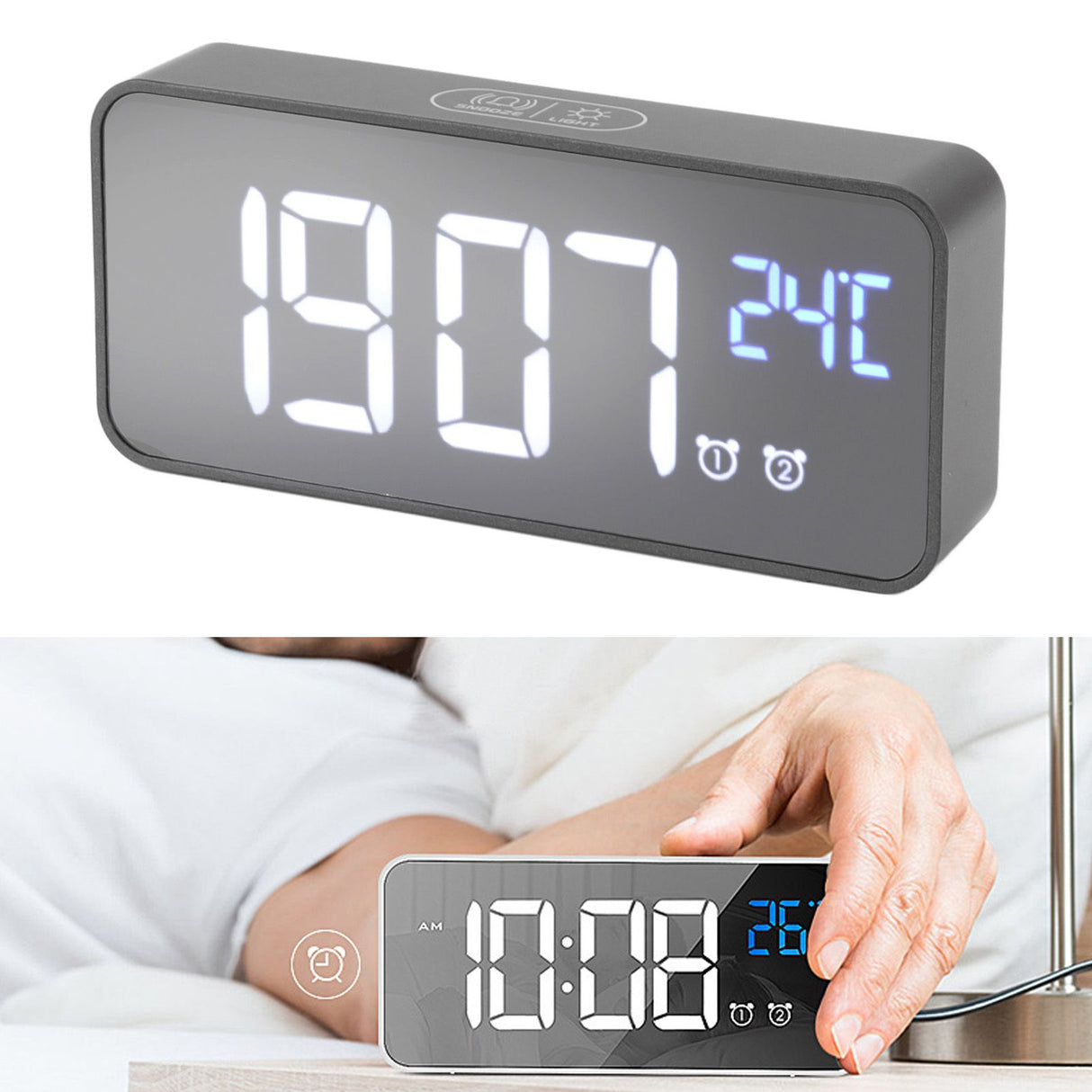 LED Mirror Digital Alarm Clock Large Screen Intelligent Brightness Adjust Snooze Function Power Off Memory 13 Songs for Home