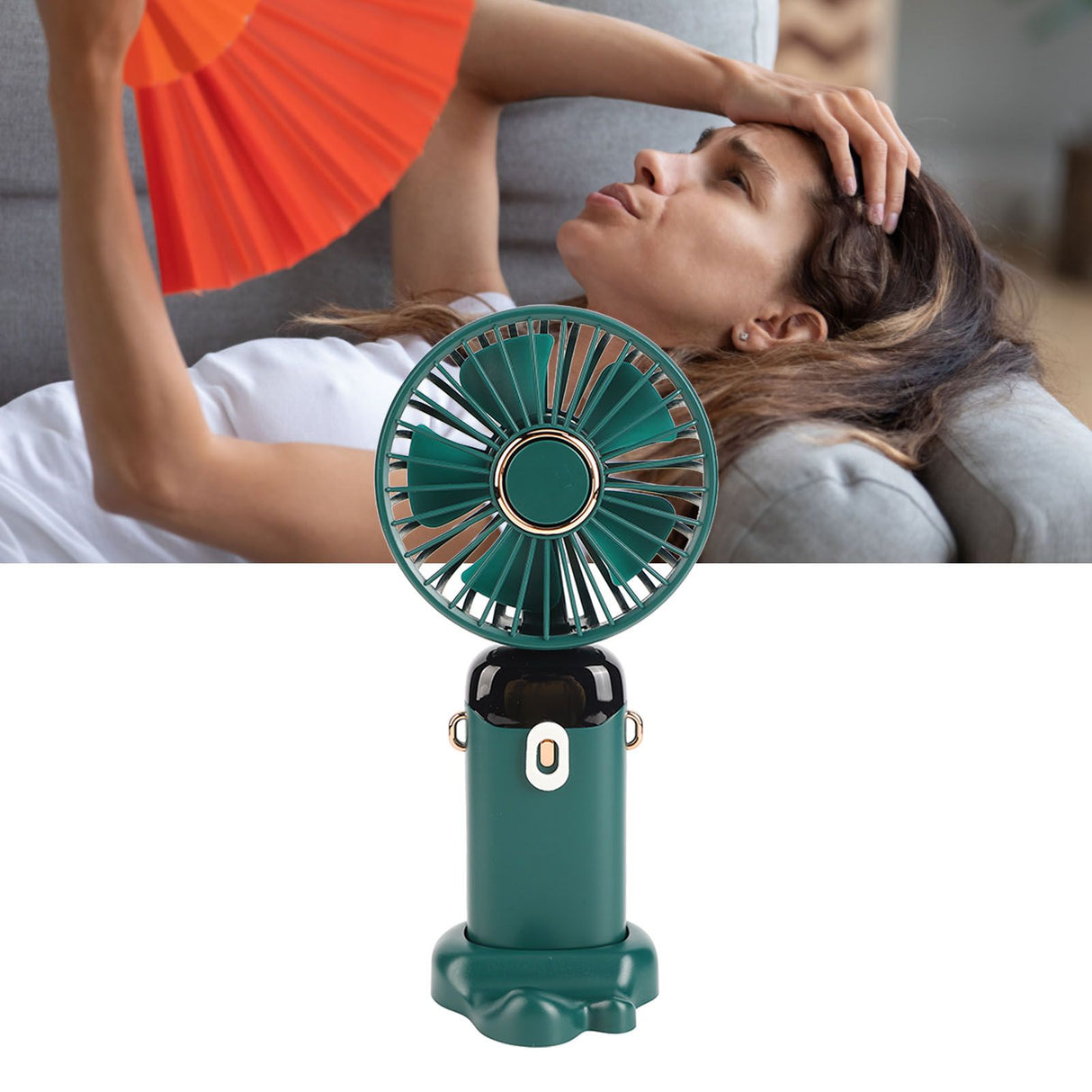 Mini Handheld Fan ABS Portable Digital Display USB Charging Foldable Neck Hanging Fan with Lanyard for Office Outdoor Green
