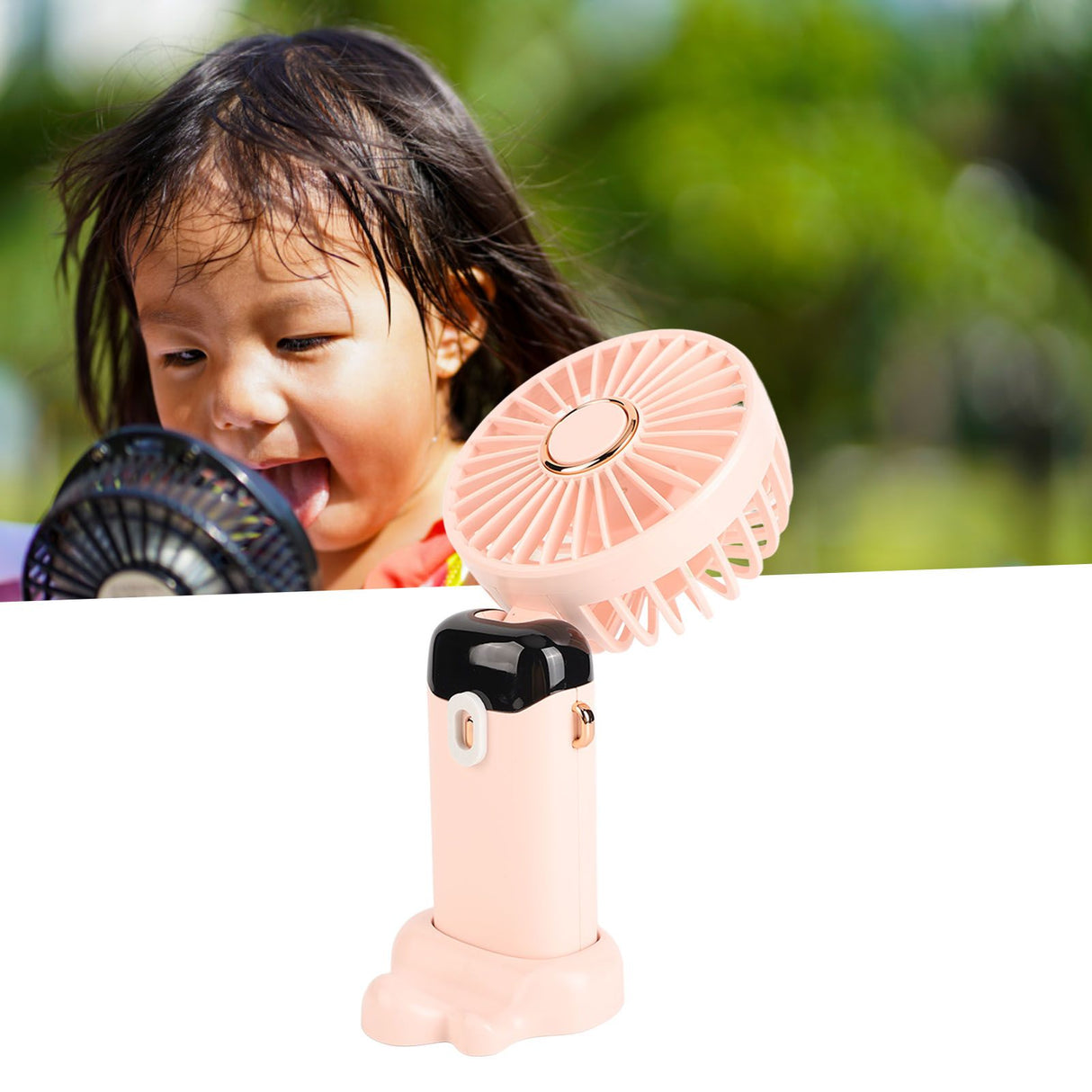 Mini Handheld Fan ABS Portable Digital Display USB Charging Foldable Neck Hanging Fan with Lanyard for Office Outdoor Pink