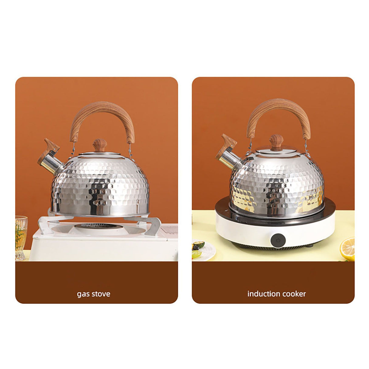Water Kettle Stainless Steel Whistle Water Kettle Large Capacity Flat Bottomed for Gas Induction Cooker Boil Water 2L Hammer