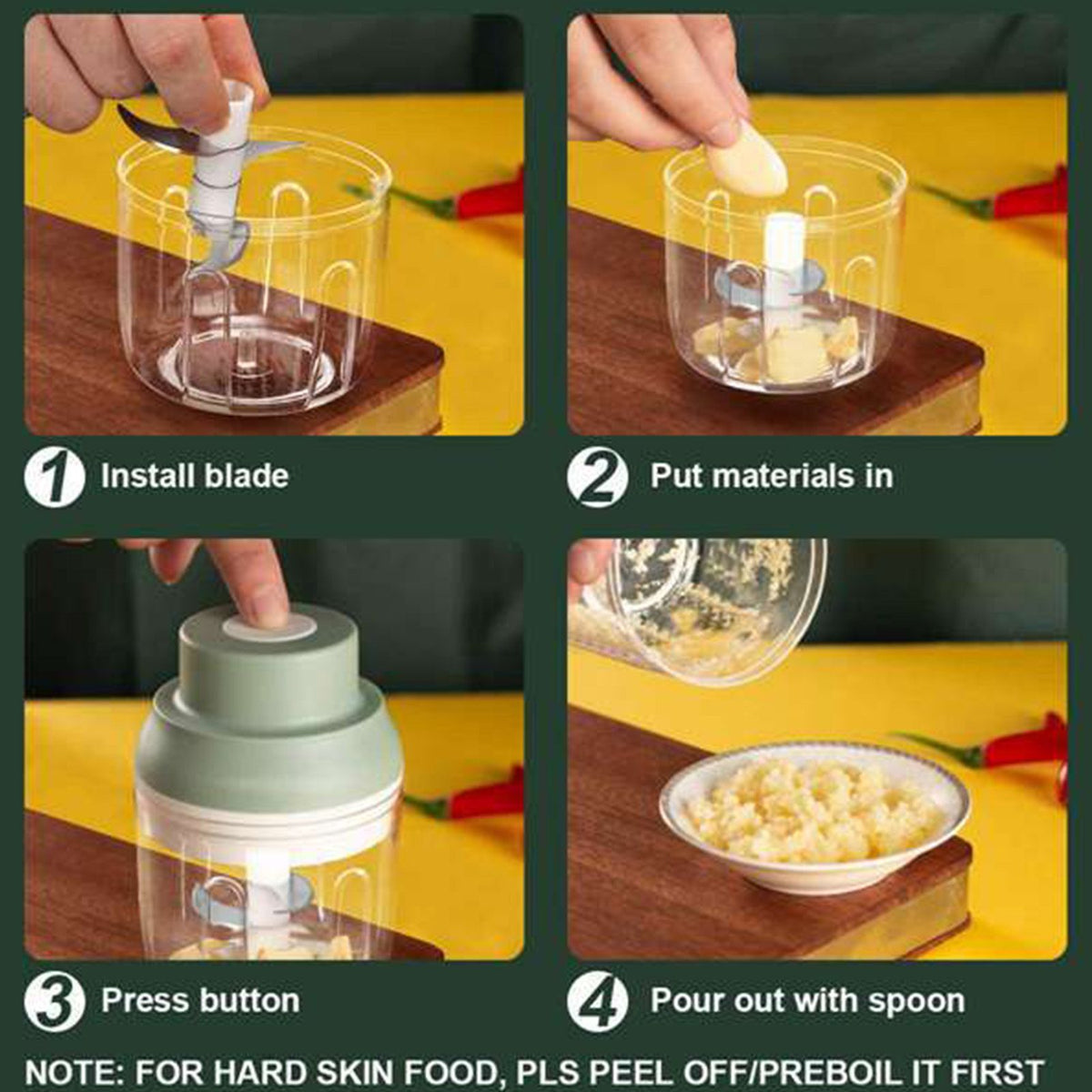 Electric Garlic Chopper USB Charging Cordless 3 Blades Garlic Masher Machine for Seasonings Meat Food Supplement Green