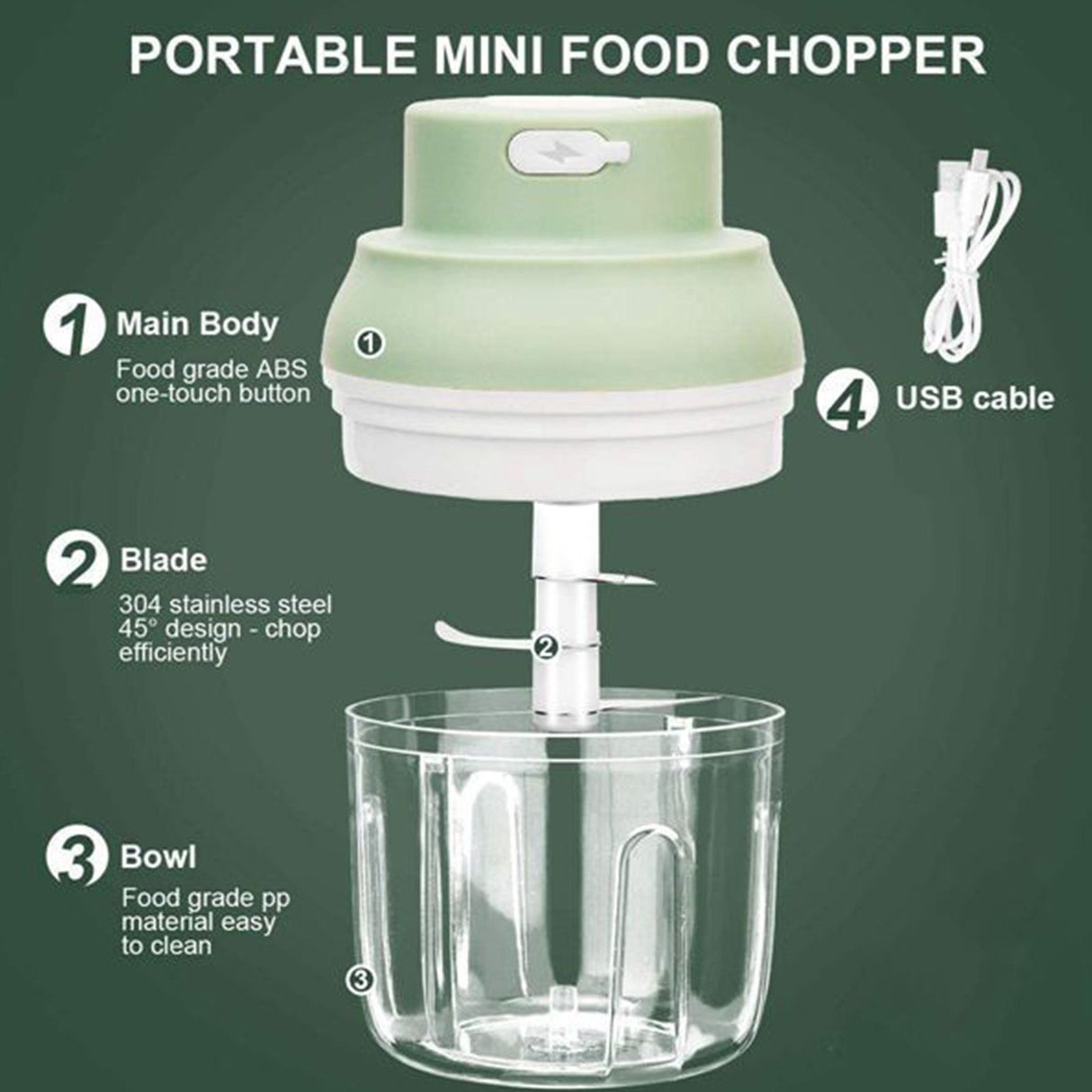 Electric Garlic Chopper USB Charging Cordless 3 Blades Garlic Masher Machine for Seasonings Meat Food Supplement Green